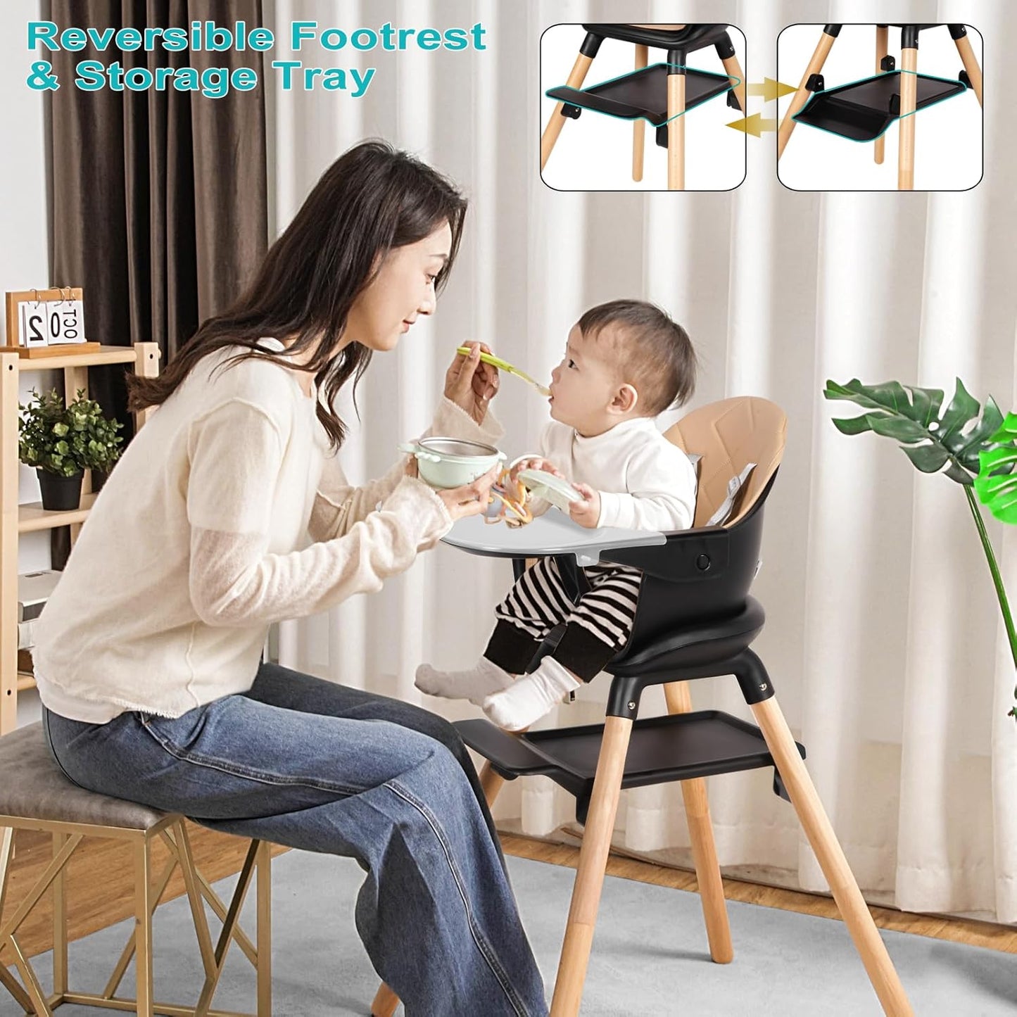 Baby High Chair, 6 in 1 Wooden Convertible High Chairs for Babies and Toddlers, Booster Seat with Double Tray & Reversible Footrest, 5-Point Harness Infants Feeding Seat, Black
