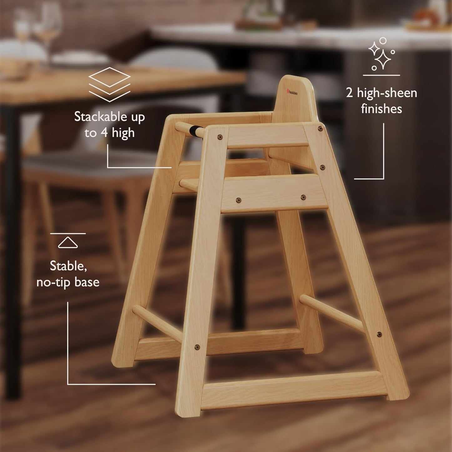 Foundations Neat Seat Wood Highchair for Restaurants, Easy to Clean, “No-tip” Feet, 3-point Safety Harness, Durable Hardwood, Small Footprint, Stackable (Natural)