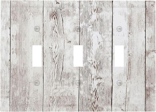 Decorative Switch Plates Rustic Vintage White Wood Grain 3 Gang Wall Plate Triple Toggle Light Switch Cover Faceplate Electrical Wall Panels for Farmhouse Home Decor