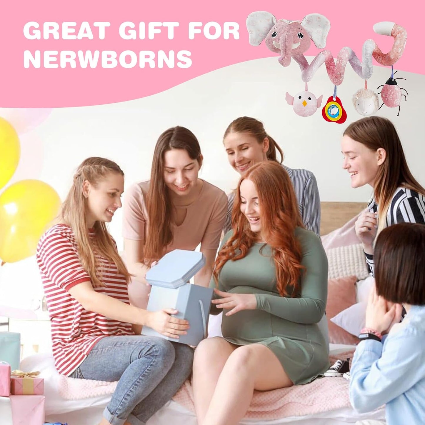 Jollybaby Baby Car Seat Stroller Toys, Plush Activity Hanging Spiral Activity Pram Crib with Music Box, Rattles, Squeaker for Babies Infant Boys Girls(SZ Pink Elephant)