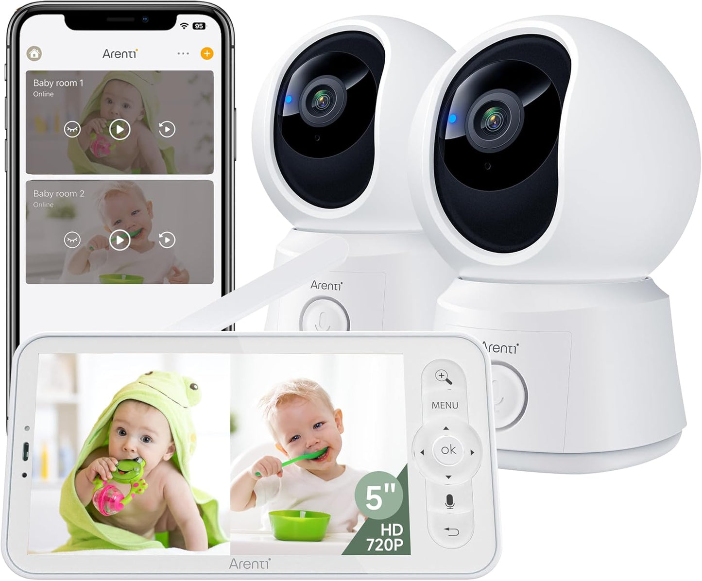 ARENTI Baby Monitor 2 Cameras, Smart Baby Camera with 5-Inch Wireless Display, Super Night Vision, Temperature Sensor, Sound Detection, Auto Motion Tracking, 2-Way Audio, VOX Mode(B2 Set)