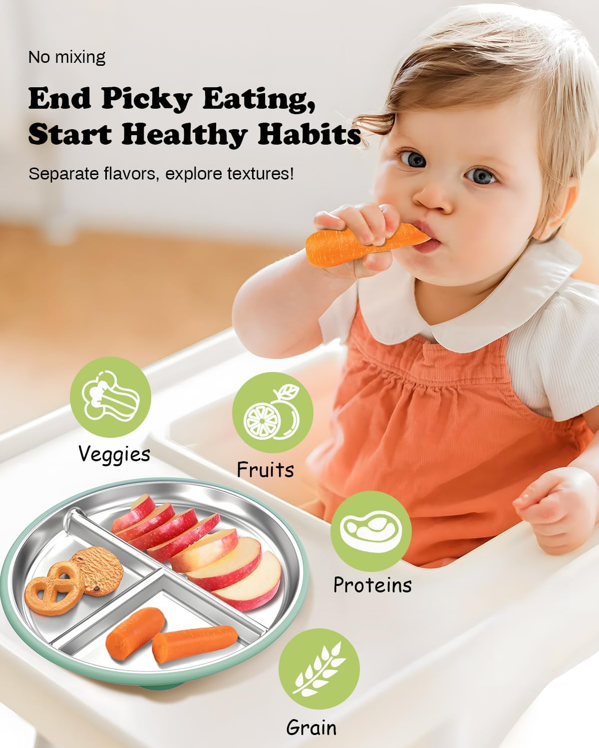 Stainless Steel Toddler Plate with Suction, 8” Divided Plates with Removable Silicone Sleeves for Baby, Non Toxic Unbreakable Kids Snack Dishes Set of 4, Sage Blue Beige Lilac