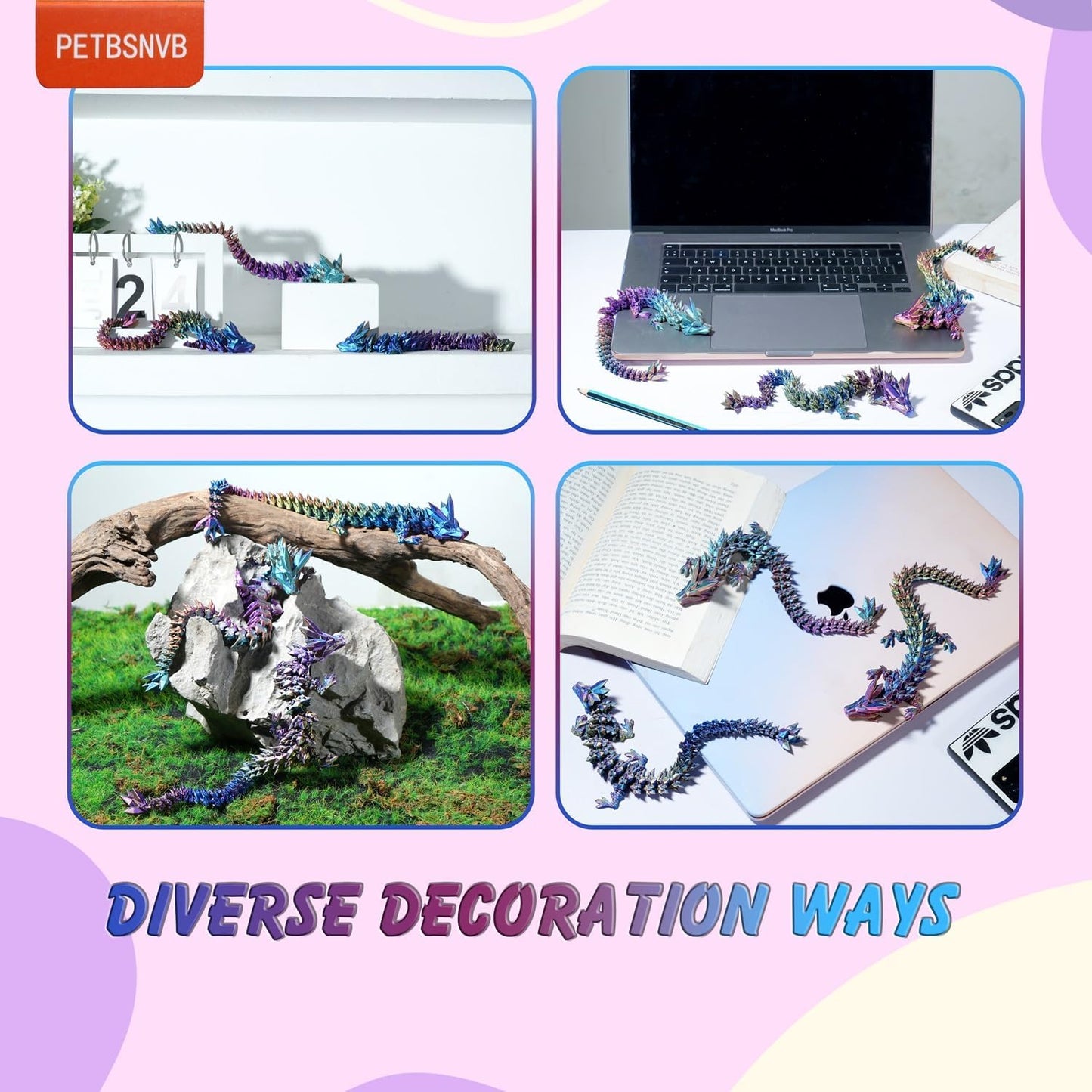 Three Color 12" 3D Printed Dragon, Articulated Dragon, Crystal Dragon, Dragon Fidget toy, Home Office Decor Executive Desk Toy (Yellow Head)