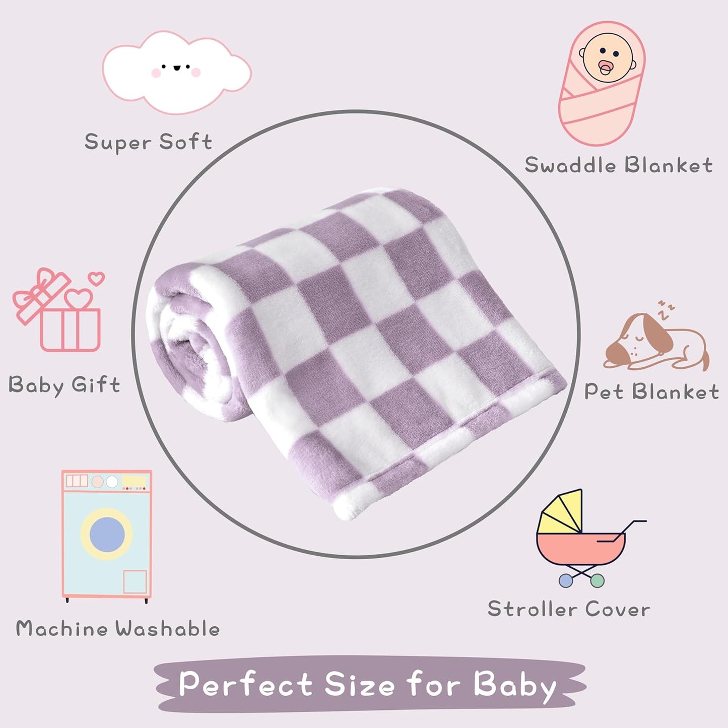 Yurhap Checkered Baby Blanket Fleece Baby Blankets for Girls, Ultra Soft Cozy Fluffy Infant Toddler Newborn Receiving Blankets for Crib Stroller, 30''x40'', Purple
