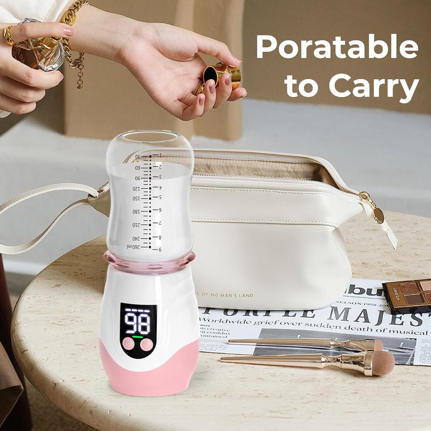 Portable Cordless Baby Bottle Warmer for Travel, Rechargeable with 8 Adapters & 1 Milk Powder Container, Safe Material, Fast Heating, Compatible with Major Brands,Pink
