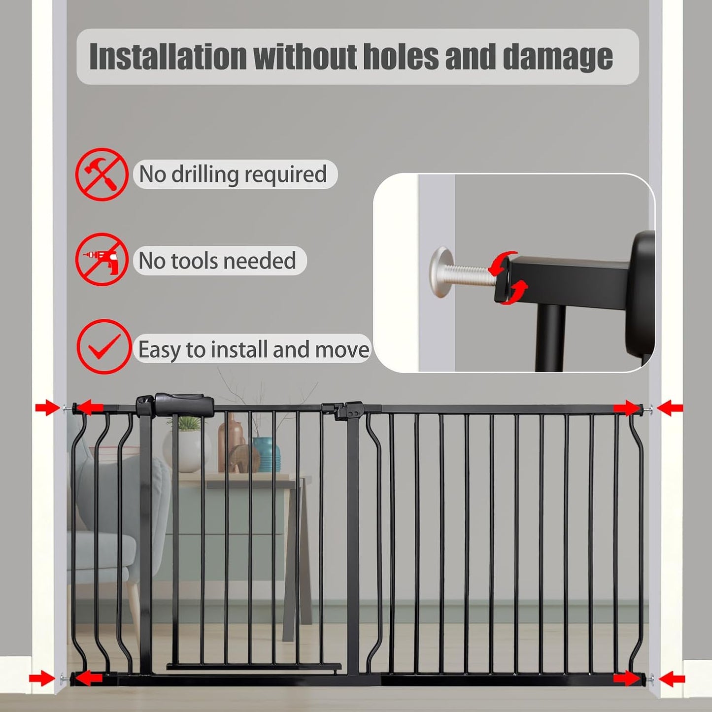 Walk Through Baby & Dog Gate 34-38.5 Inch, Auto Close, Tension Mounted Indoor Safety Gate for Stairs & Doorways - Black Metal, 30 Inch Tall