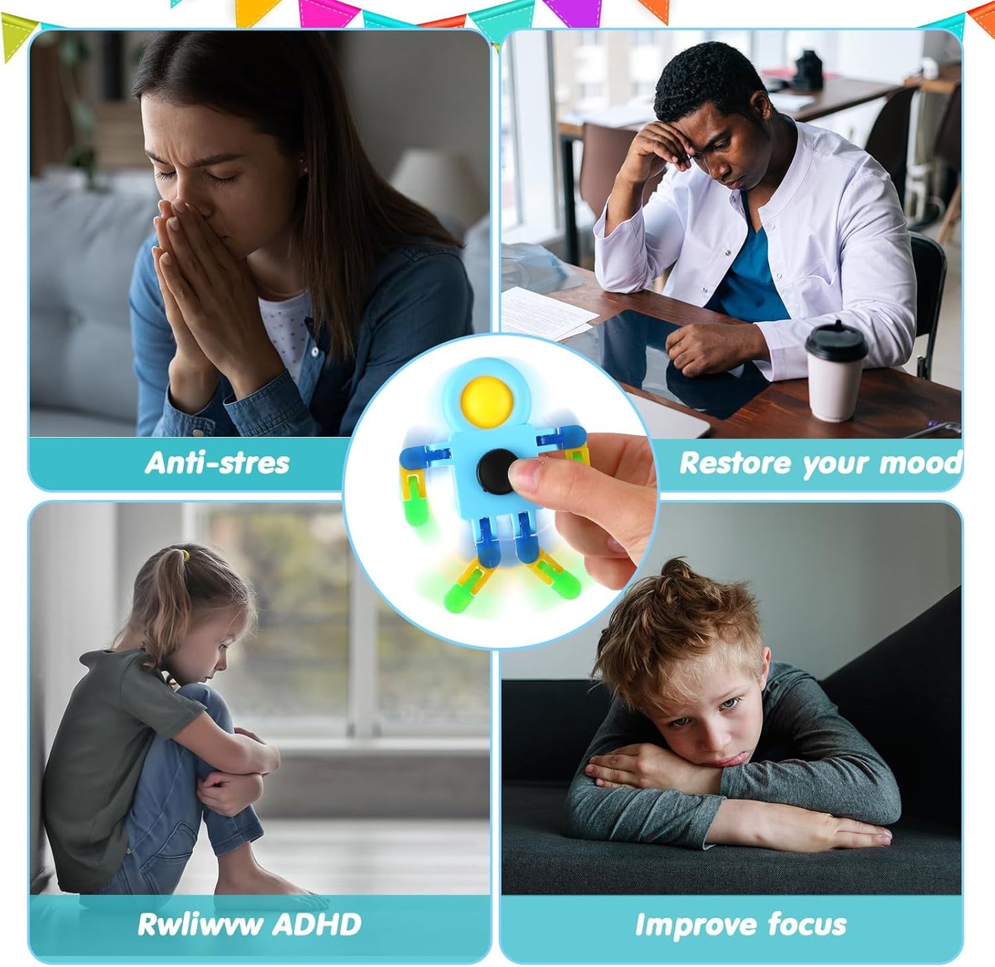 72 Pcs Glow in The Dark Fidget Sensory Spinner Toys Transformable Chain Robot Fingertip Toy Sensory for Anxiety, Stress Relief ADHD Autism Pinata Goodie Bag Stuffers