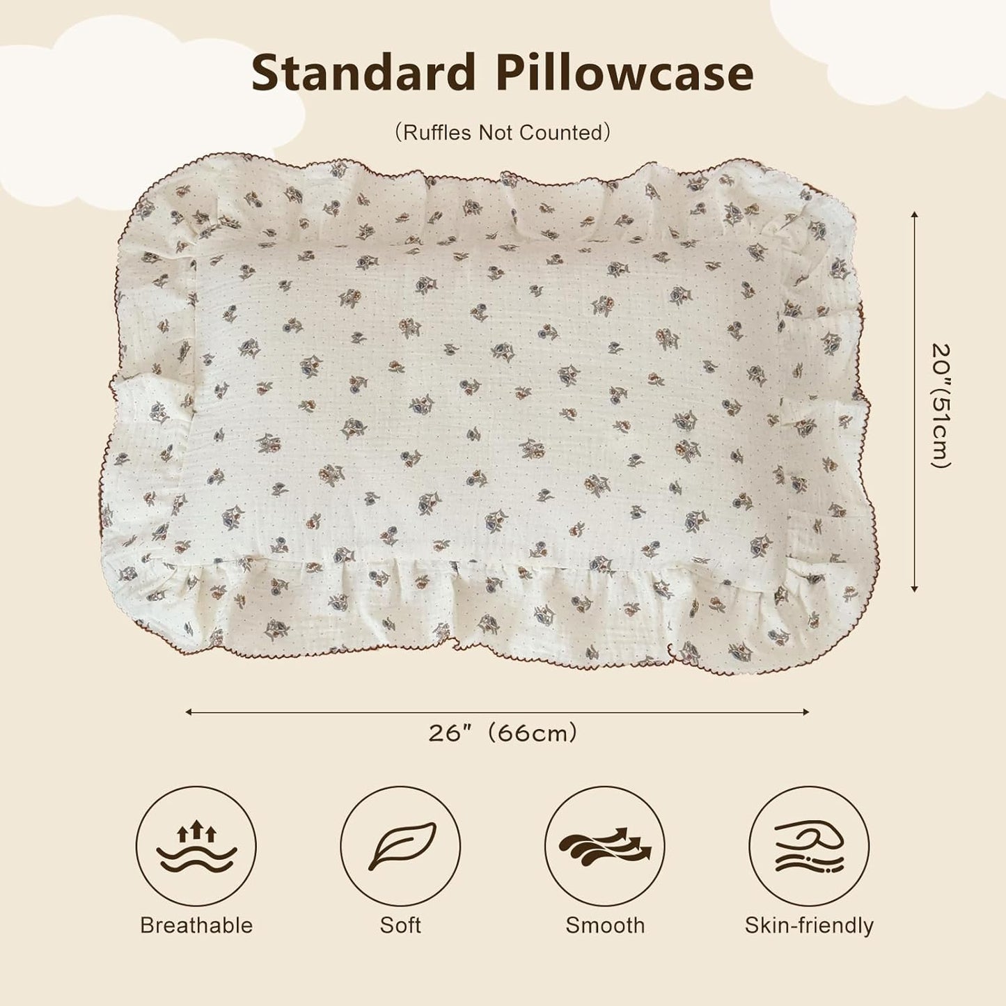 BuLuTu 100% Cotton Muslin Pillow Covers Fit for Kids Standard Size Pillow, Pansy Floral Print with Dots Pattern Children Ruffled Pillow Case, 1 pc, 20x26 Inch, Machine Washable