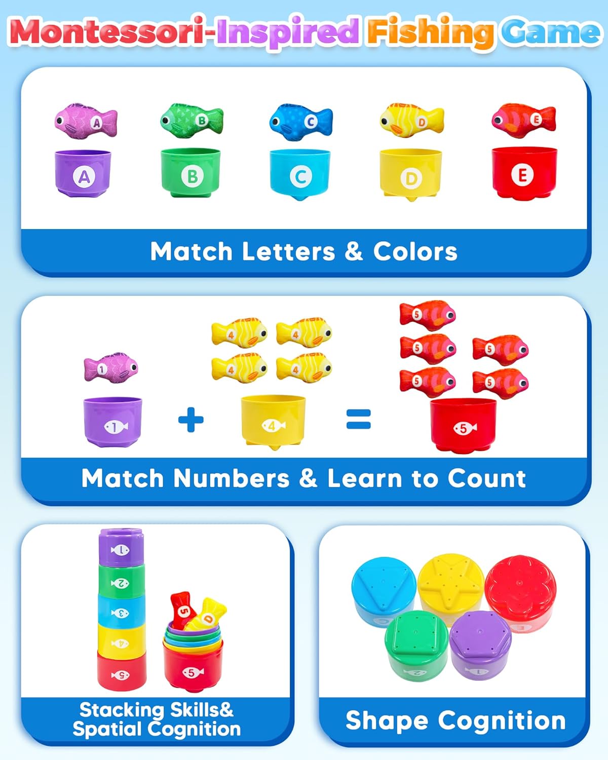 Montessori Toys for 1 Year Old, Toddler Fishing Game with Stacking Cups, Learning Educational Toys for 1 2 Year Old Boy Girl Birthday Gifts, Baby Toy 12-18 Months, Sensory Sorting Toy for Toddlers 1-3