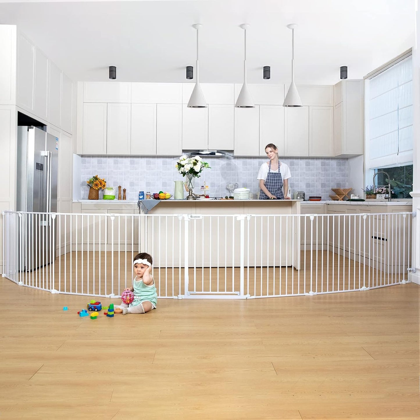 COMOMY 198" Baby Gate Extra Wide, Dog Gate Pet Gate for House Stairs Doorways Fireplace, Adjustable 3 in 1 Play Yard Child Safety Gate, Auto Close, Hardware Mounted (30" Tall, White)