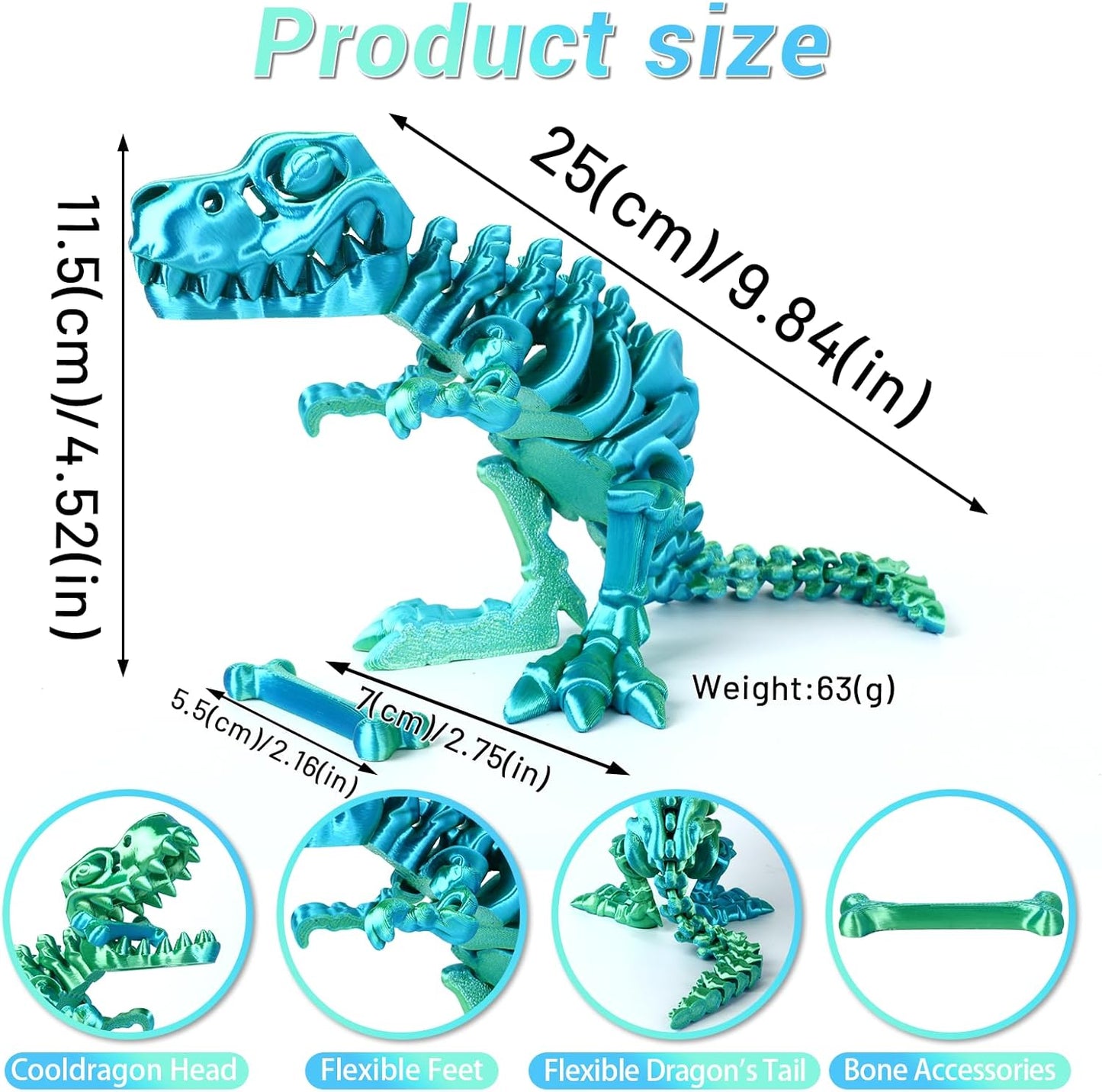 3D Printed Dinosaur Bones Tyrannosaurus Rex Skeleton with Movable Joints, 3D Model Skull T-Rex, Flexible Articulated Dinosaur Fidget Toys Adults for Autism/ADHD