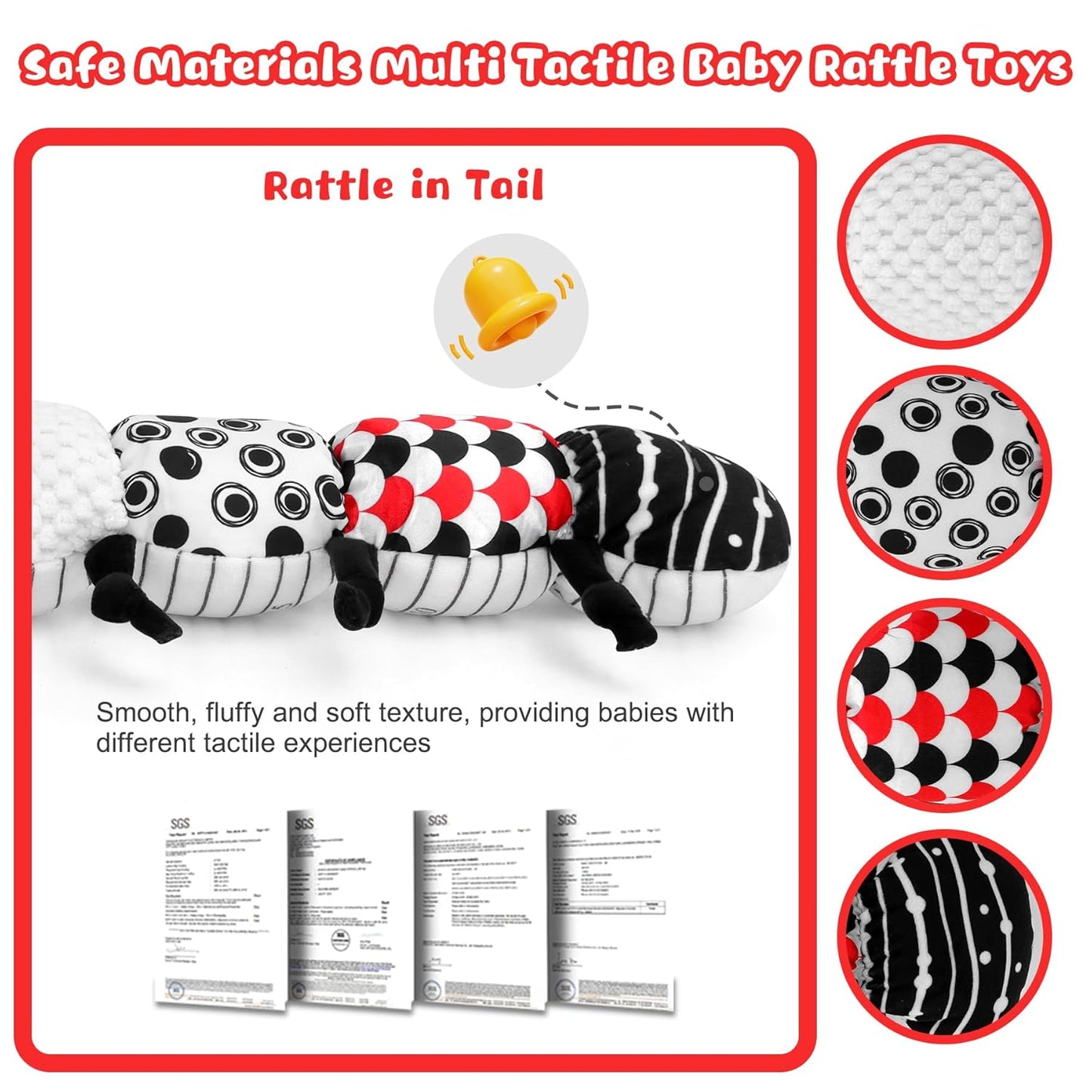Baby Toys 0-12 Months - Musical Caterpillar Stuffed Animal Soft Plush Toys for Infant Girls Boys 3 6 12 Months Tummy Time Sensory High Contrast Black White Newborn Toys Gifts, W/ Mirror Rattle
