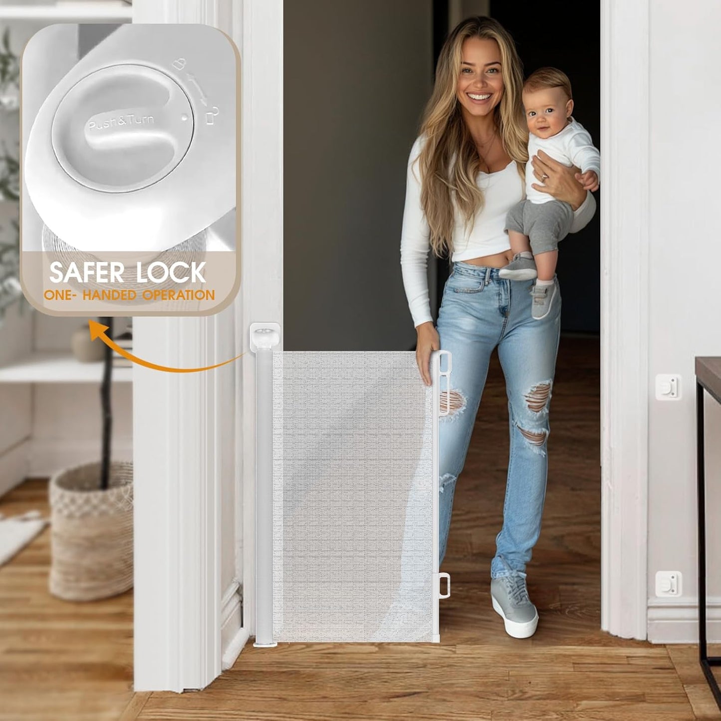 HOMEAL Retractable Baby Gates for Stairs & Doorways, Outdoor Indoor Mesh Dog Gate for Kids or Pet, Extra Wide Baby Gates for Deck, Porch, Hallways, Patio (White, Width Up to 55")