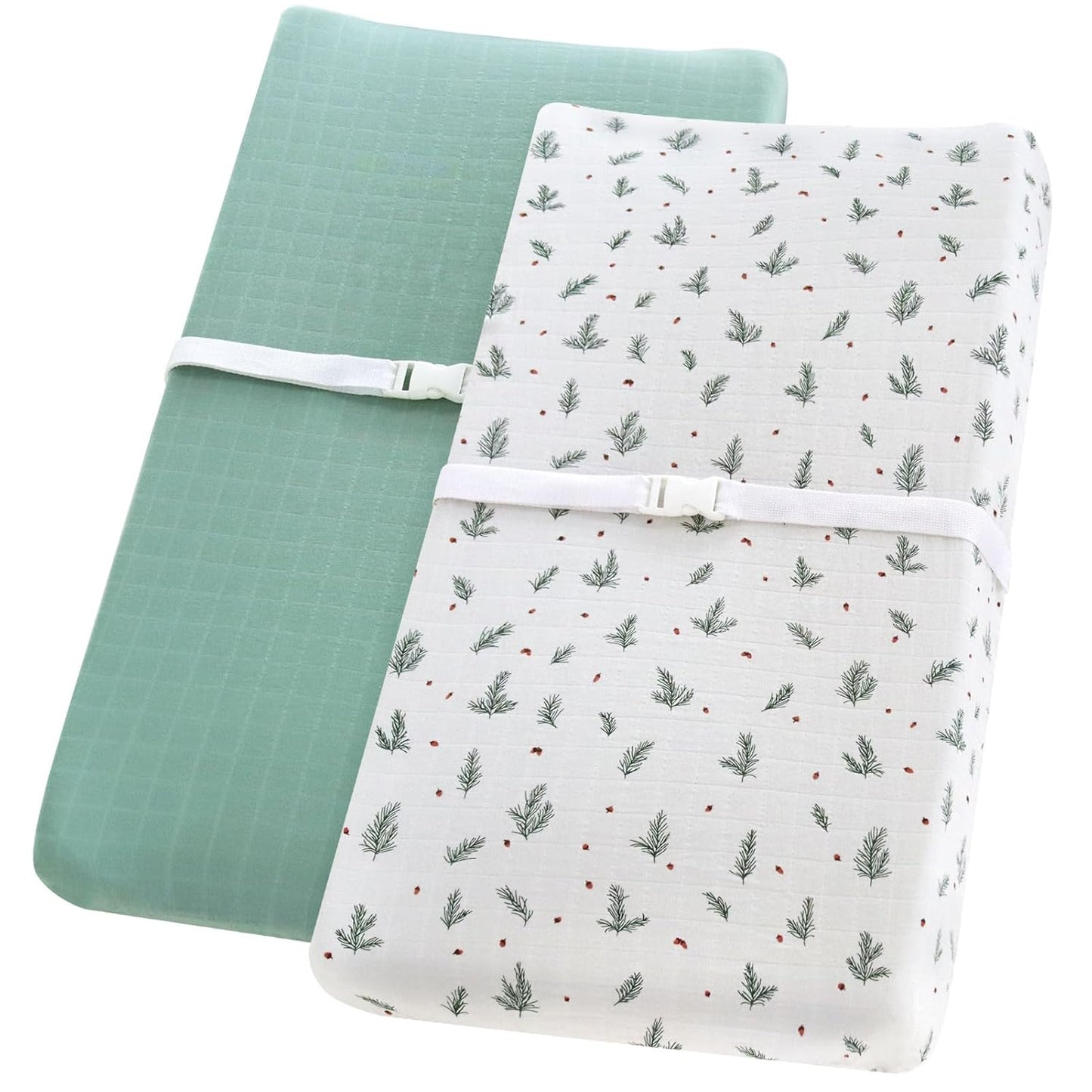 LifeTree 2 Pack Changing Pad Cover Unisex - Soft Muslin Fitted Changing Table Sheets - 16"x32" Organic Cotton - Pine Needles and Roman Green