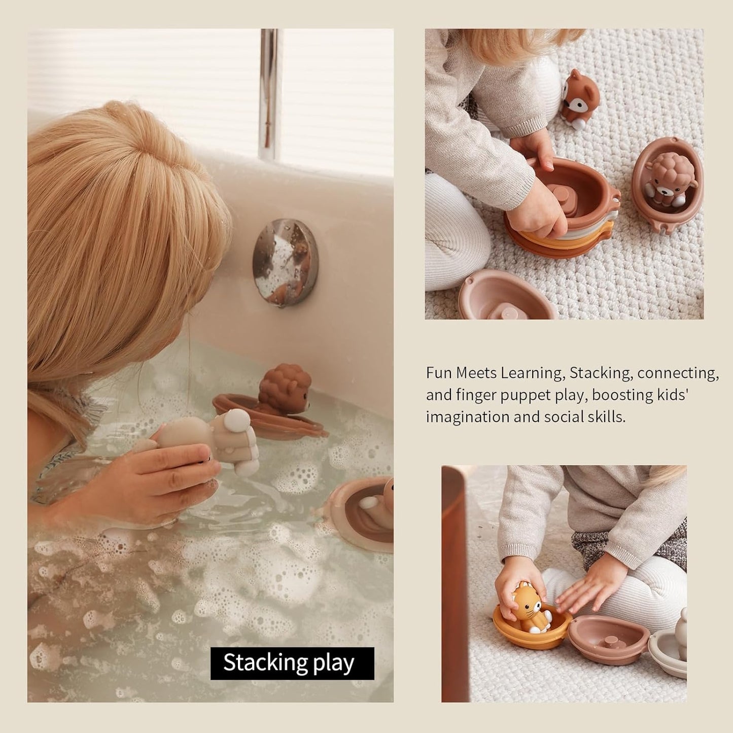 Nueplay Bathtub Toys for Toddlers 18M+，Baby Bath Toys with Animal Finger Puppets， Stackable Boat Train ，Gift for Baby & Toddlers Set of 12