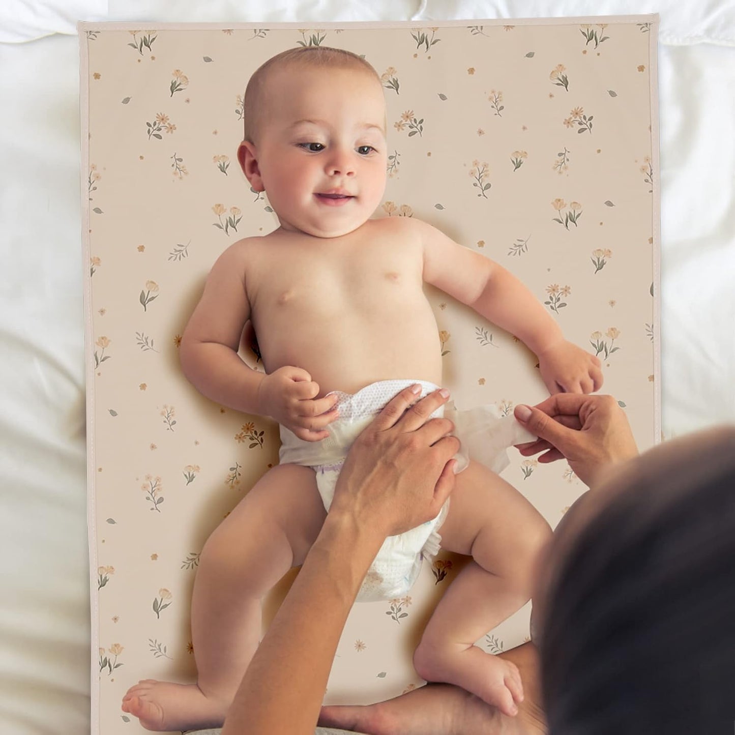 Vegan Leather Baby Changing Mat - Wipeable Portable Changing Pad, Foldable Travel Changing Mat for Baby, Newborns Toddlers Shower Gifts (Flower,20"*28")