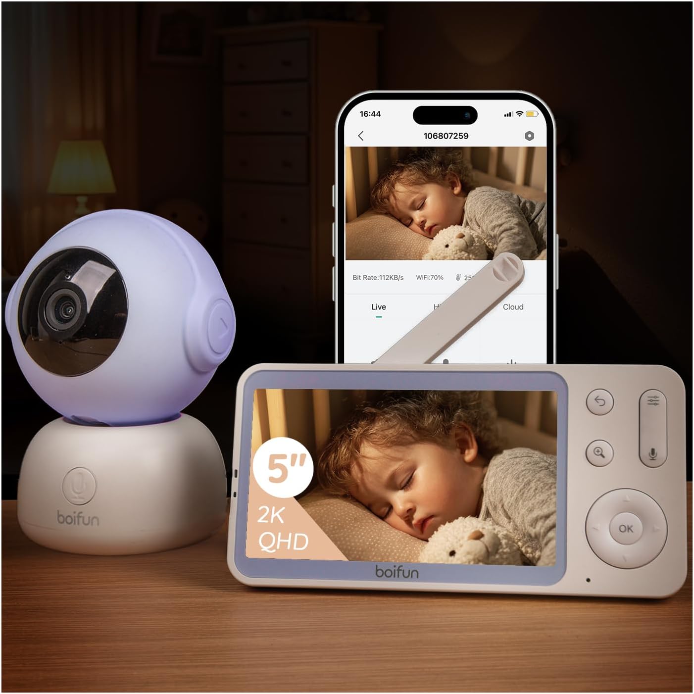 BOIFUN 2K HD 5-Inch Split-Screen, Smart WiFi Baby Monitor with Camera and Audio, Smartphone APP, AI Motion & Cry Detection, Night Vision, 360° Auto Tracking,Humidity &Temperature Detection,2-Way Talk