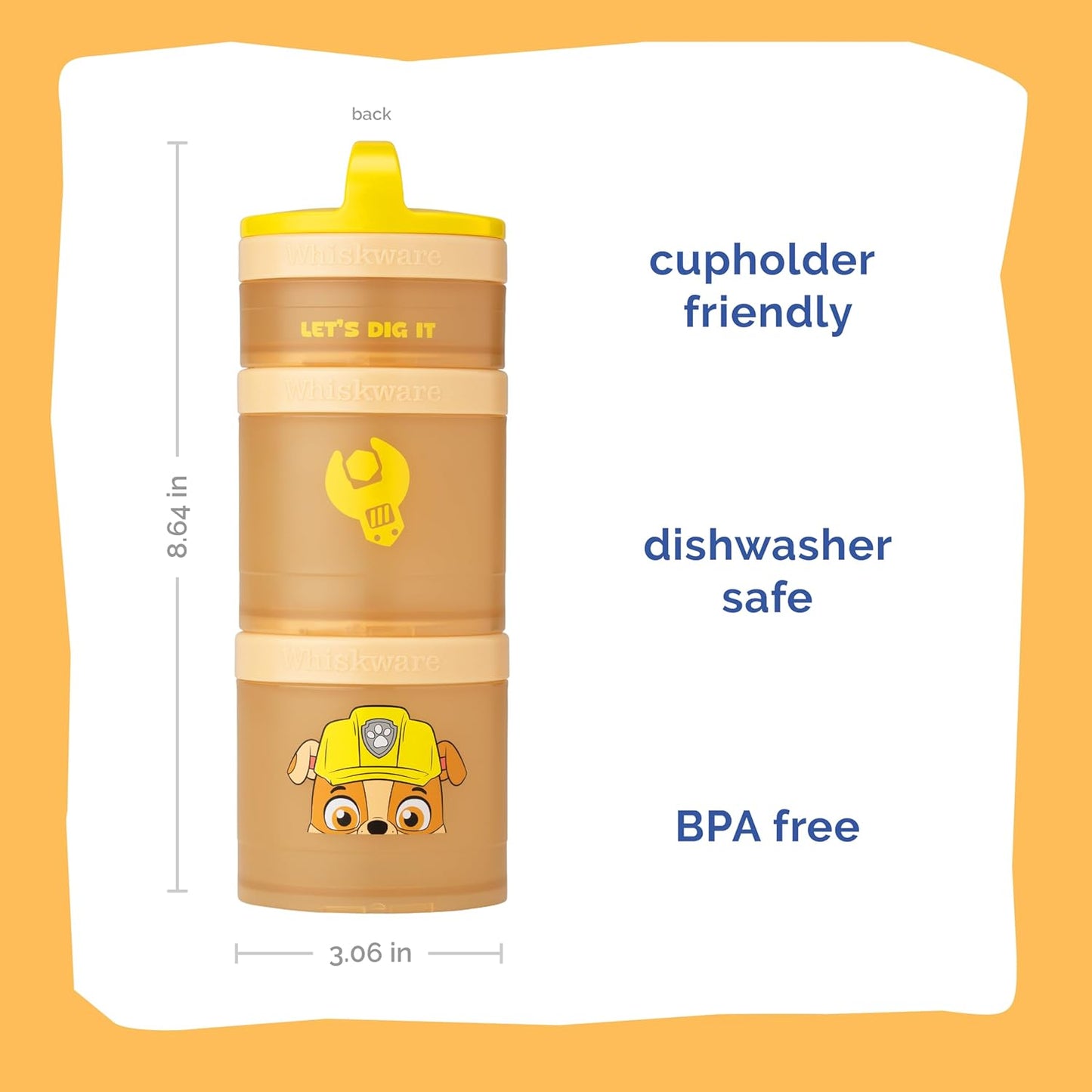 Whiskware Paw Patrol Stackable Snack Containers for Kids and Toddlers, 3 Stackable Snack Cups for School and Travel, Rubble