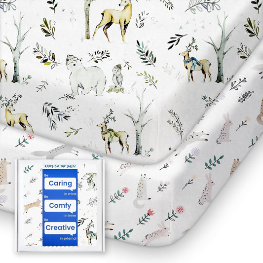 Ultra Soft Pack N Play Sheets - Fitted, Premium Jersey Knit, Stretchy Neutral, Woodland Mini Crib Sheets for Graco Pack and Play, 2 Pack (Deer&Rabbit)