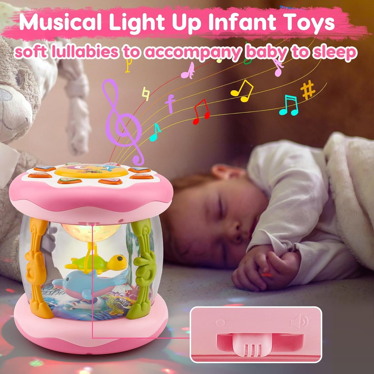 Baby Musical Light Up Toys 0-6 Months Tummy Time Ocean Projector Rotating Infant 0-3 4 5 6 7 8 9 Months Baby Aquarium Crawling Pink Toys Babies 6-12 Month Girls 1 2 Year Old Birthday Newborn Gifts