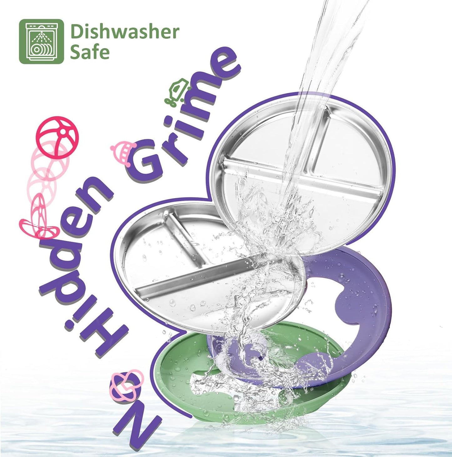 Stainless Steel Suction Plates for Toddlers, 9" Divided Kids Baby Plates with Removable Silicone Suction, Non Toxic Non Slip Portion Control Snack Dishes 4 Packs, Blue Green Purple Beige