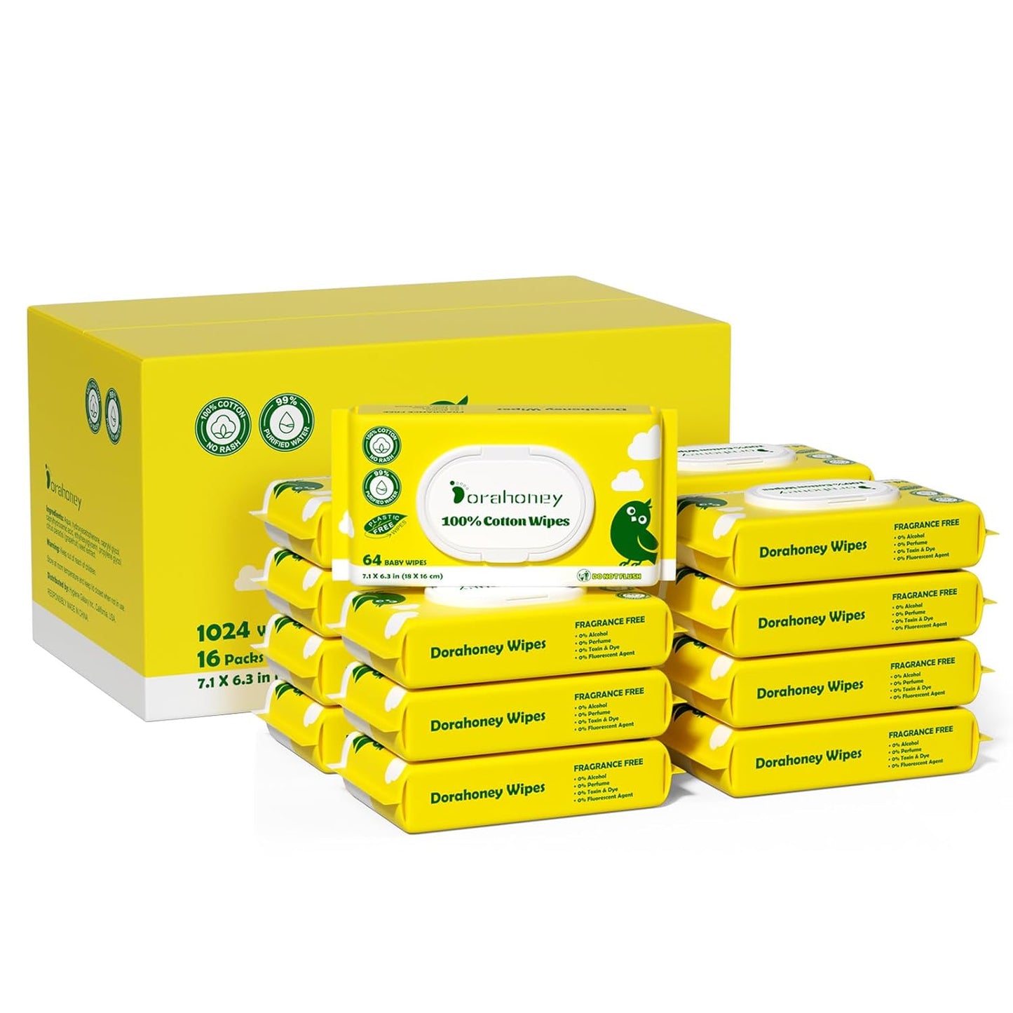 100% USA Cotton Baby Wipes for Sensitive Skin, 99% Purified Water Unscented Wet Wipes, Hypoallergenic & Plastic-Free, 1024 Count (16 Flip-Top Packs of 64)