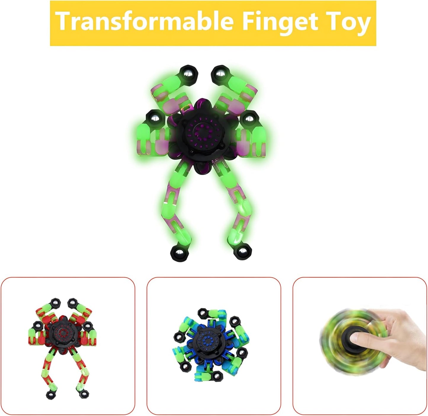Fidget Spinners, DIY Transformable Chain Robot Finger Spinner, Glow in The Dark Deformable Creative Mechanical Gyro Toy Stress Relief Toy Fidget Fingertip Toy for Kids and Adults (12 Pack)