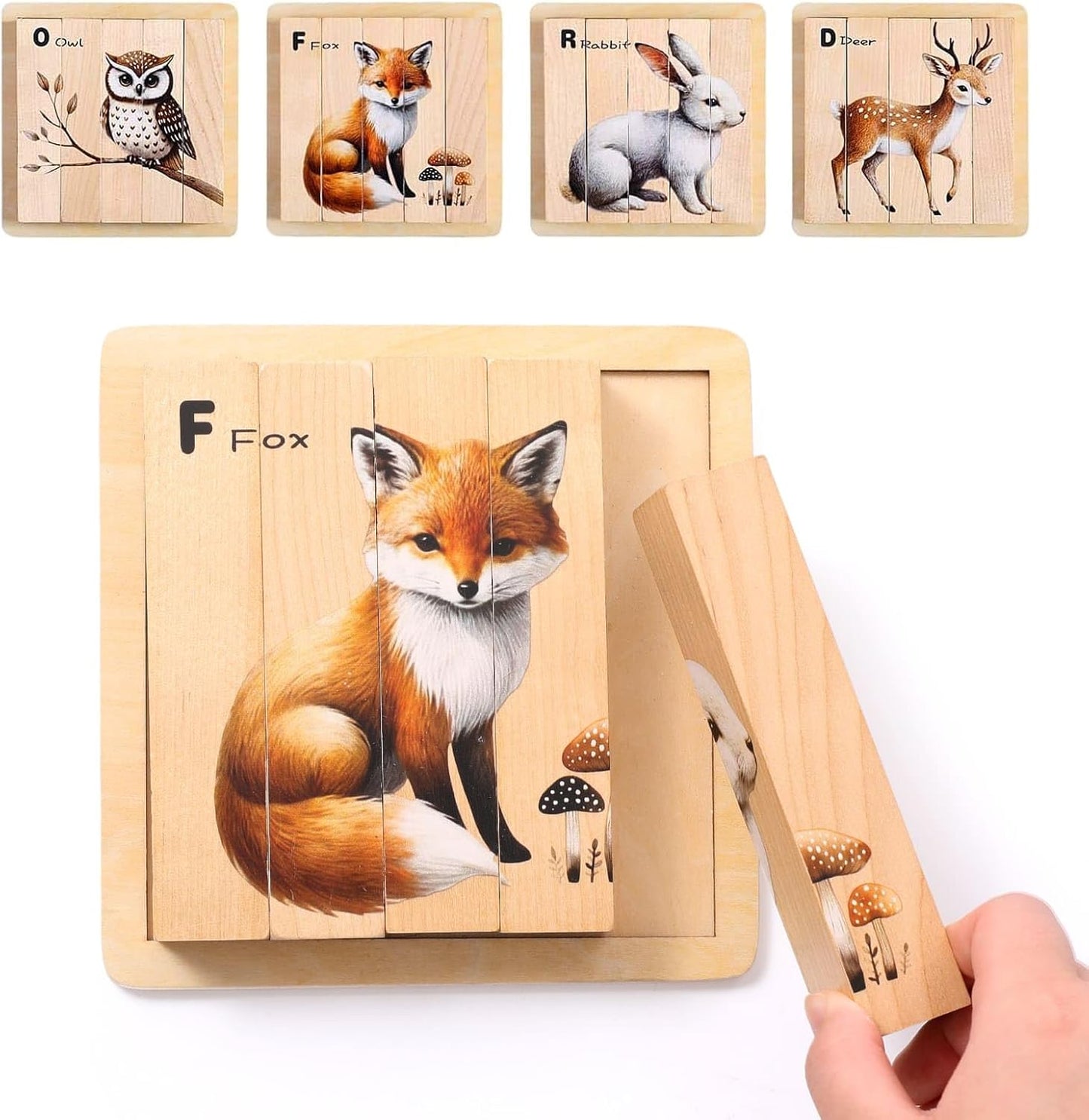 IEATFO 4 in 1 Wooden Animal Chunky Puzzle, 5 Solid Wood Puzzle Blocks with 4 Sides Realistic Forest Animals, Wooden Block Puzzle with Durable Base for Toddlers 3+ Years - Montessori Inspired