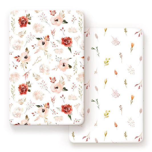 Stretchy Ultra Soft Jersey Knit Pack n Play Sheets Set 2 Pack, Portable/Mini Crib Sheets with Deep Pocket, Universal Fit Playard Pads Safe and Snug, Pretty Rose Flora for Girls, Orange Pink