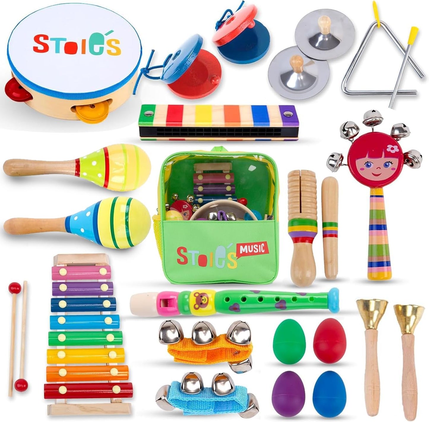 Stoie's Wooden Kids Musical Instruments for 1-5 Years Old, Baby Percussion Toys with Xylophone, Maracas, Tambourine, Durable, Safe to Play, Clear Loud Sound, Bright Rainbow Colors, Storage Backpack