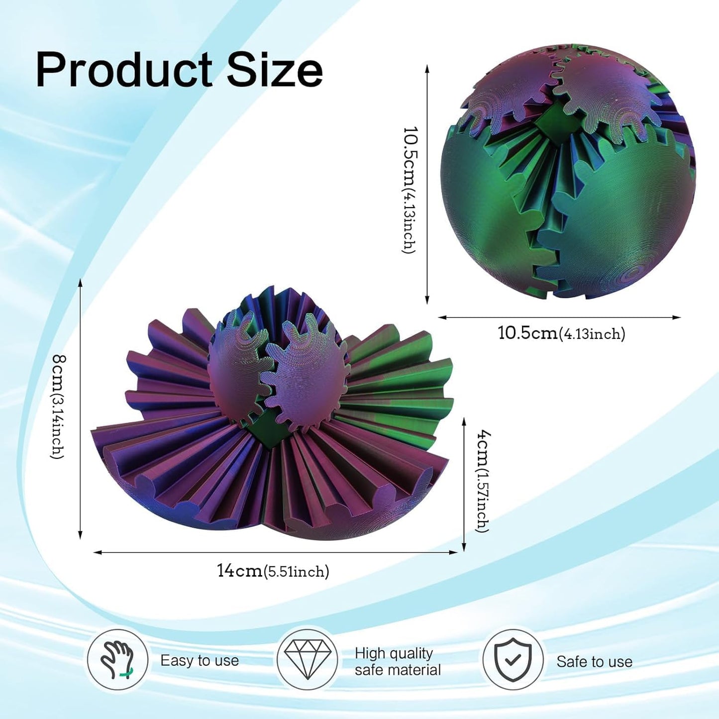 4-inch Larger 3D Printed Gear Ball - Marvellous Design Gear Sphere, Already Assembled 360° Rotatable Gearsphere, Steampunk Whirling Wonder Fidget for Stress and Anxiety Relief (Blue Green)