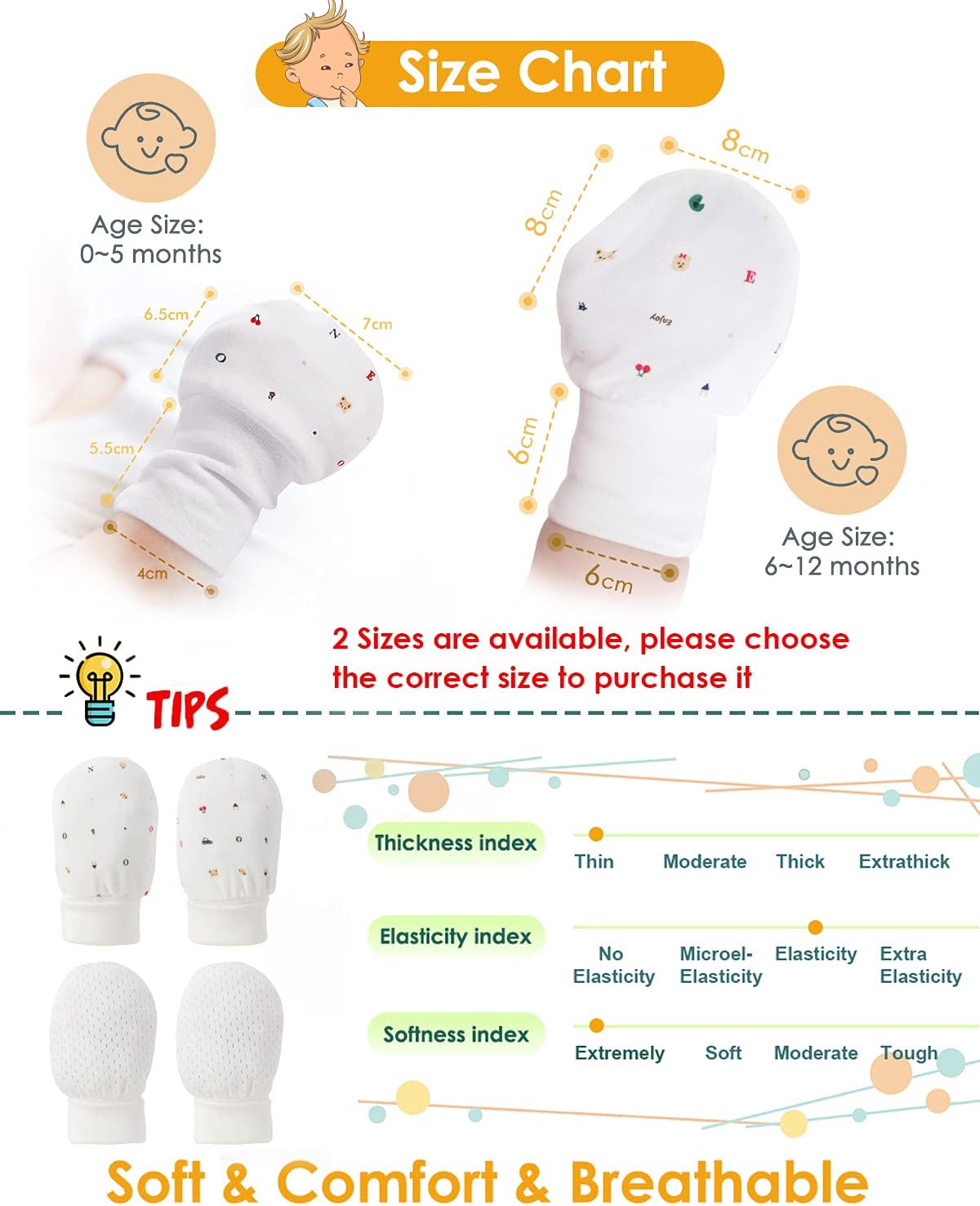 Baby Anti Scratch Mittens - No Scratch Mittens for Boys & Girls (6-12 Months) - 6 Pairs