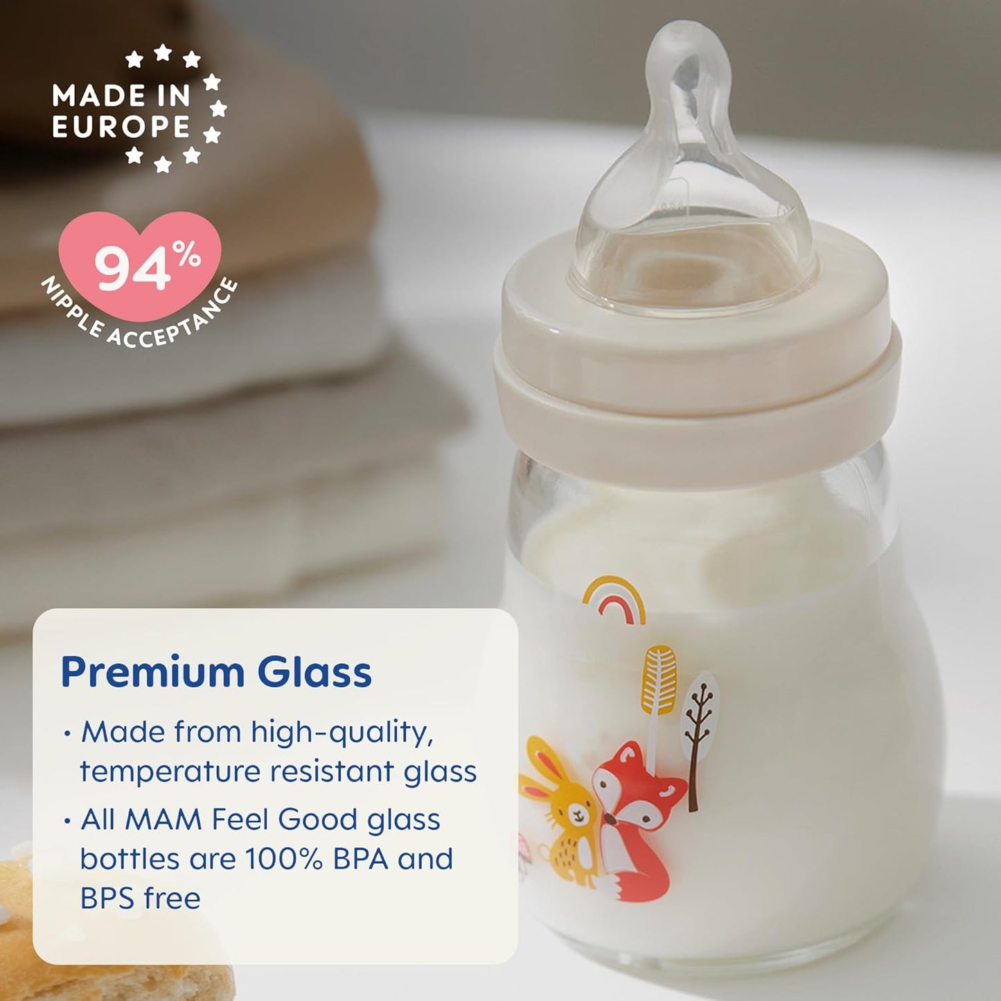 MAM Feel Good Medium Flow Premium Glass Baby Bottles, Easy Switch Between Breast and Bottle, 9oz, 2+ Months, Unisex, 1 Pack
