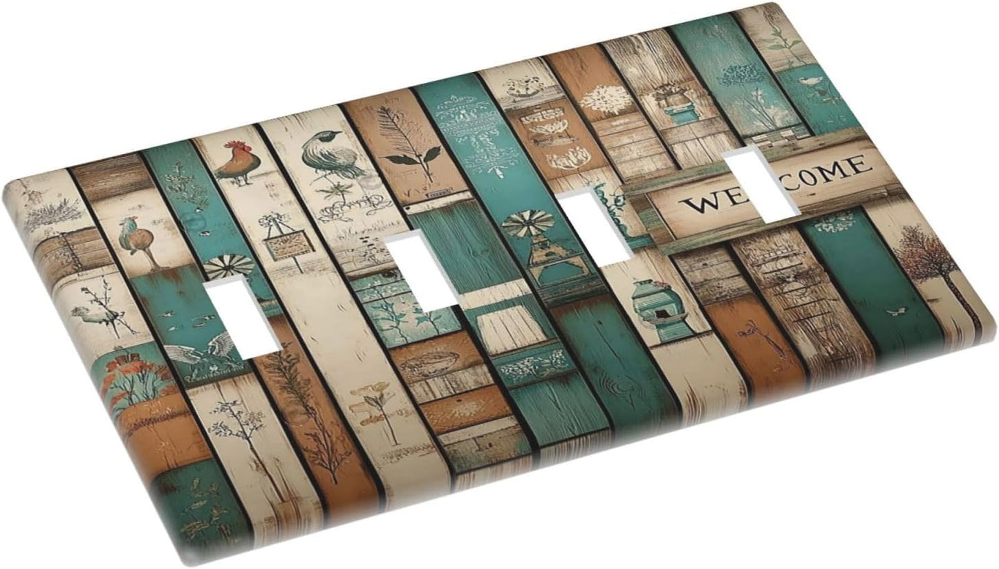 Light Switch Covers Vintage Wood Brown Turquoise Splicing Quad Toggle Electrical Faceplate 4 Gang Wall Plate Decorative Switch Plates For Farmhouse Cabin Decor