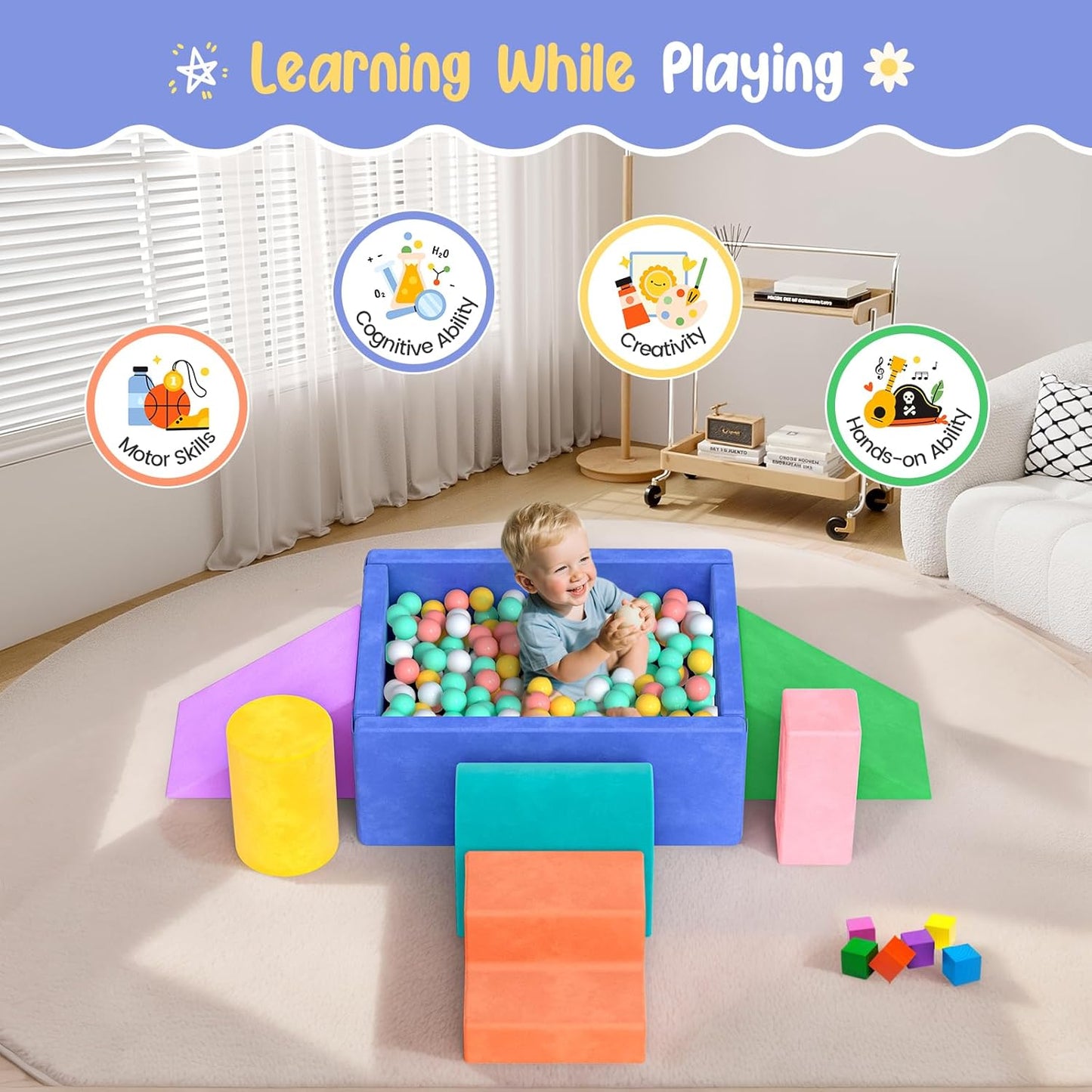 Lischwert Foam Climbing Blocks for Toddlers, Soft Play Ball Pit, Baby Climbing Blocks Soft Play Climbing for Toddlers with Foldable Block and Tunnel Indoor Climbing Toys for Toddler 1-3