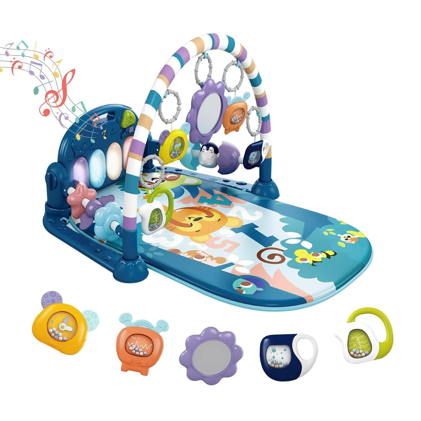 Dearlomum Baby Play Mat & Gym, Fun Piano Tummy Time Activity Mat with 5 Sensory Toys, Music & Lights - Boy & Girl Gifts, 0-12 Months (Blue)