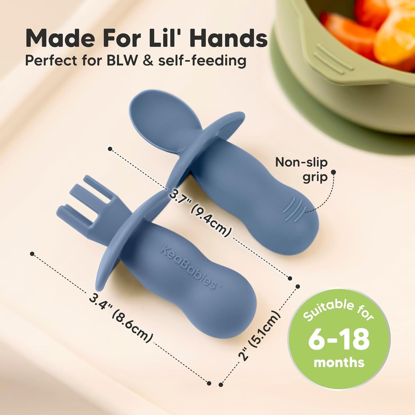 KeaBabies 4-Pack Silicone Baby Spoons and Forks Set - Baby Led Weaning Utensils 6-12 Months, Self Feeding Toddler Spoon & Fork for Training, Teething, Easy to Hold, BPA-Free Silicone (Slate)
