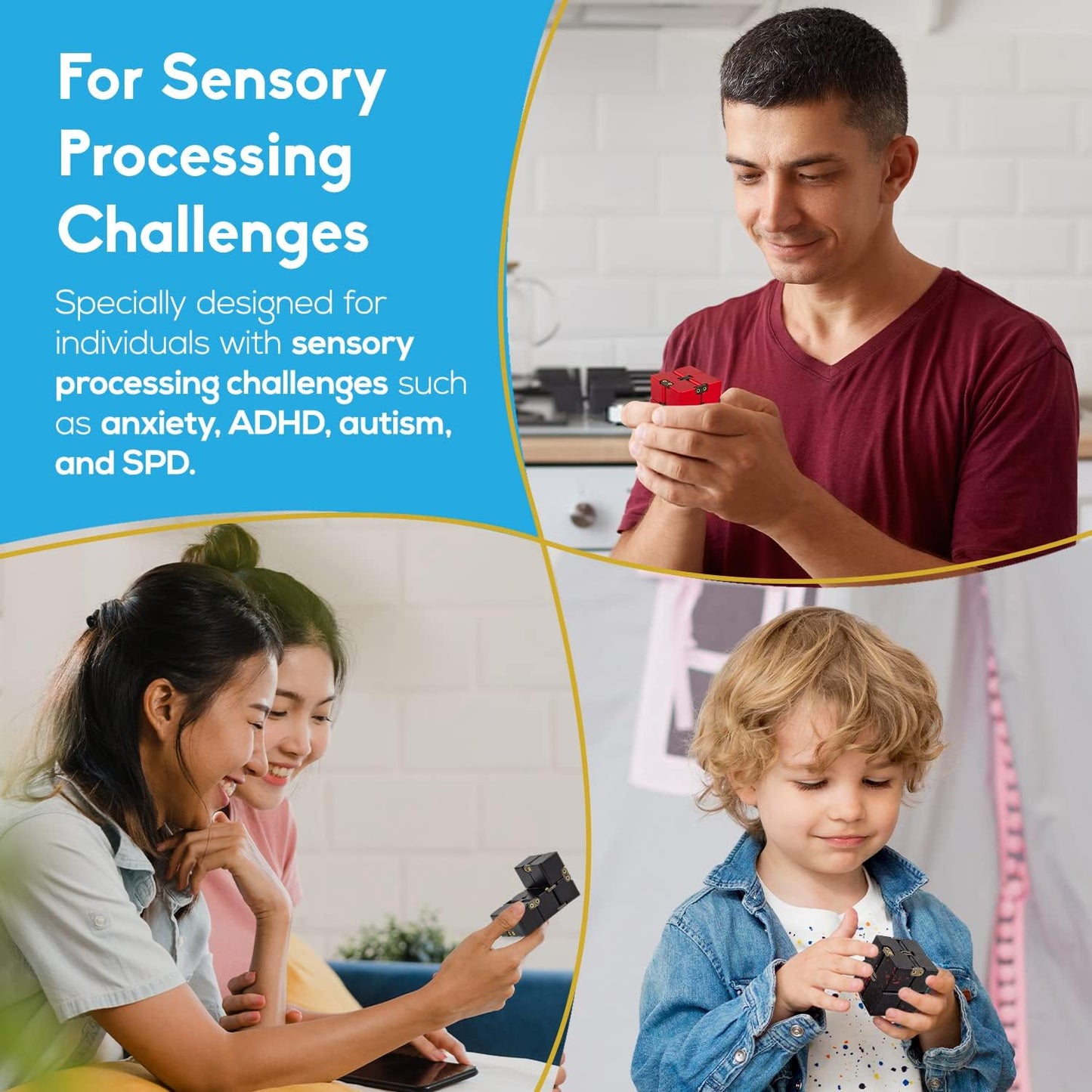 PILPOC theFube Infinity Cube Fidget Desk Toy - Aluminum Infinite Magic Cube with Case, Sturdy, Heavy, Relieve Stress and Anxiety, for ADD, ADHD, OCD (Blue)