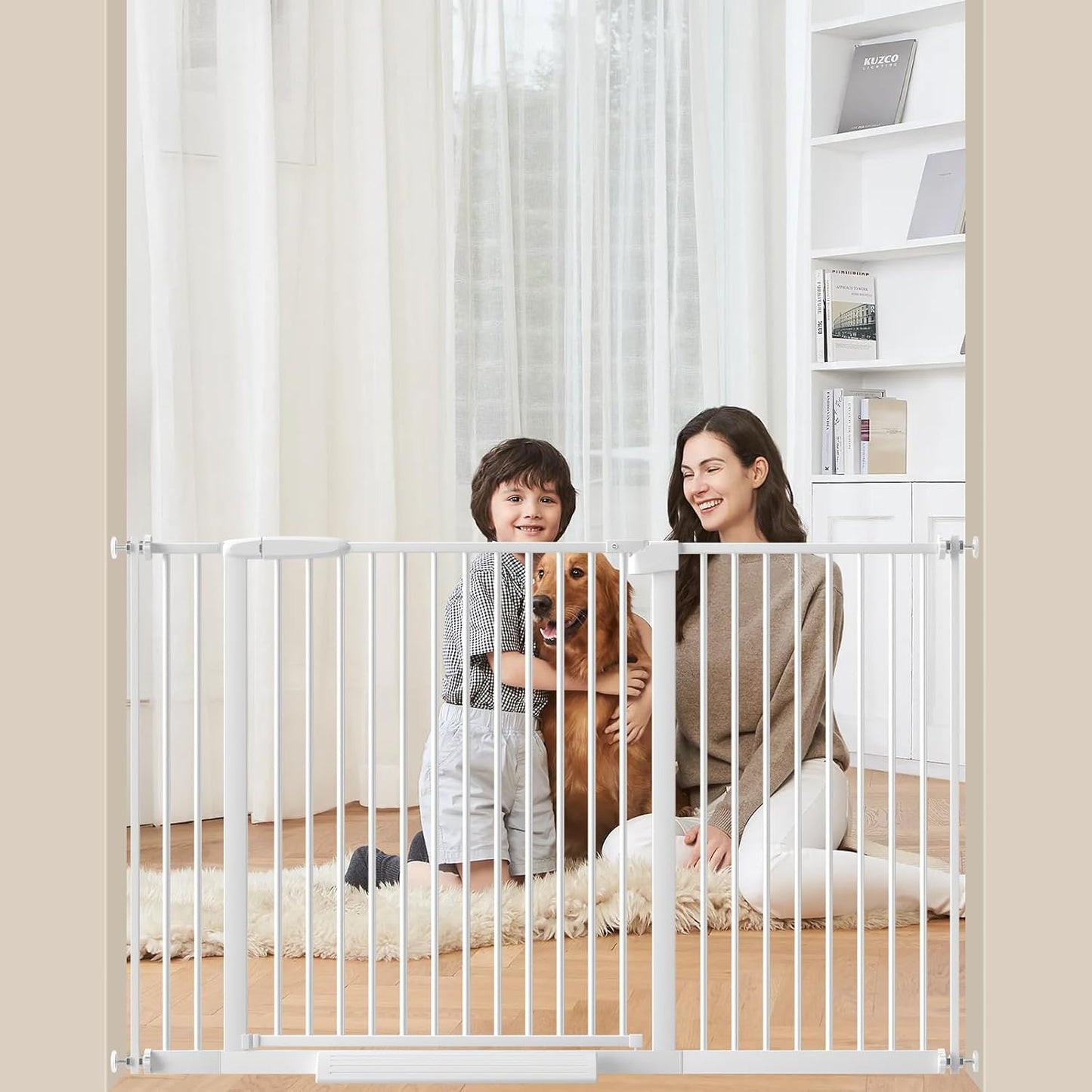Extra Wide Baby Gate 30.11-77.36",Ultra Narrow 1.37" Spacing Dog Gate indoor,Double Lock Auto Close Pet Gate for House,Pressure Mounted Baby Gate Easy Walk Through Pet Gate for Hallway(White)