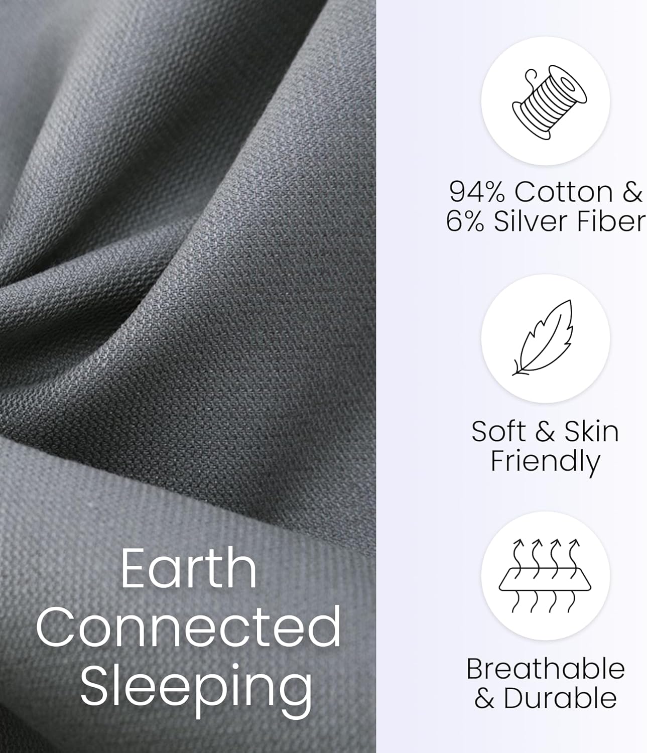 Earth Connected Fitted Grounding Sheets - Twin Size, 94% Organic Cotton 6% Pure Silver Fiber, Pain Relief. Gray (75"x 39"x 15")