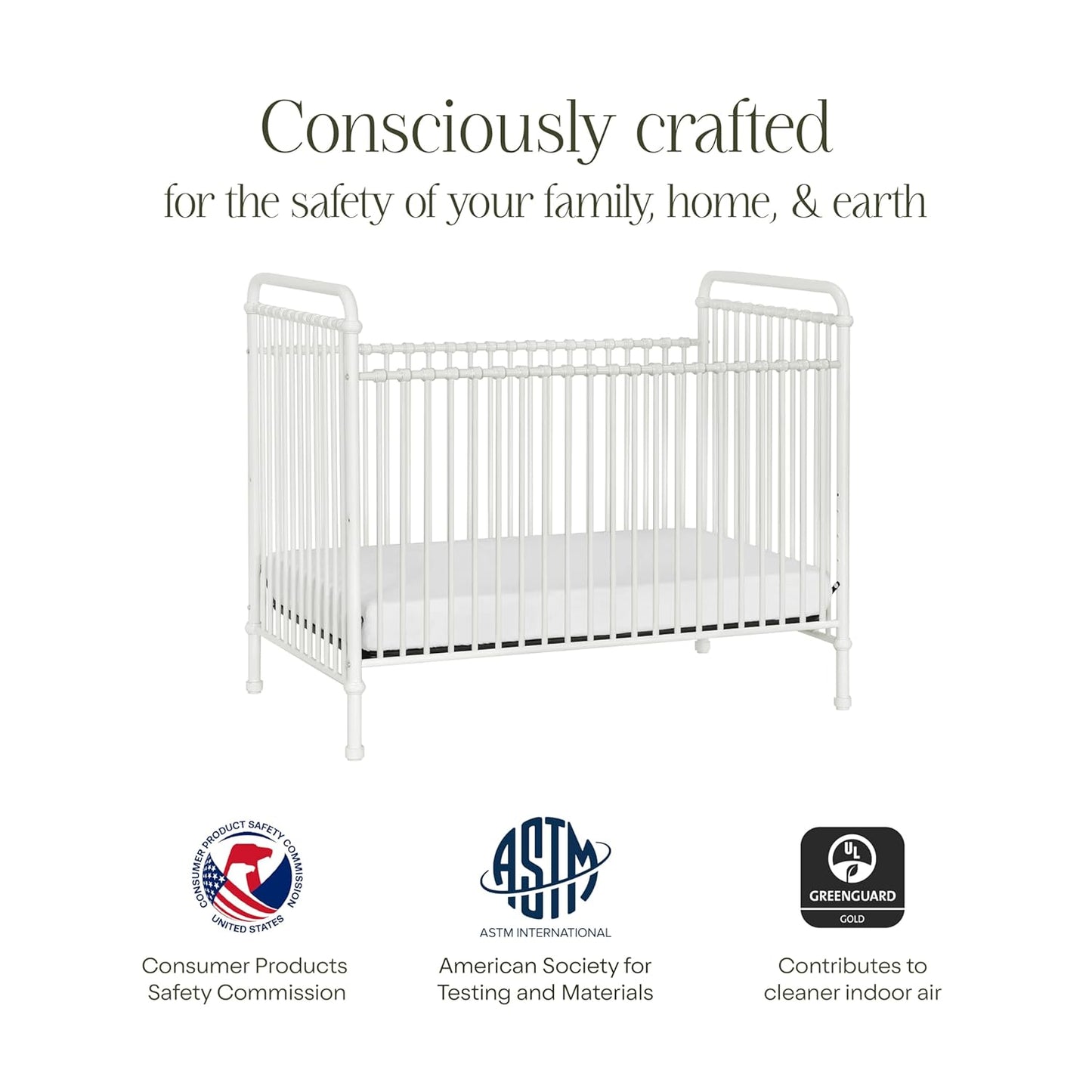 Namesake Abigail 3-in-1 Convertible Metal Crib in Washed White, Greenguard Gold Certified