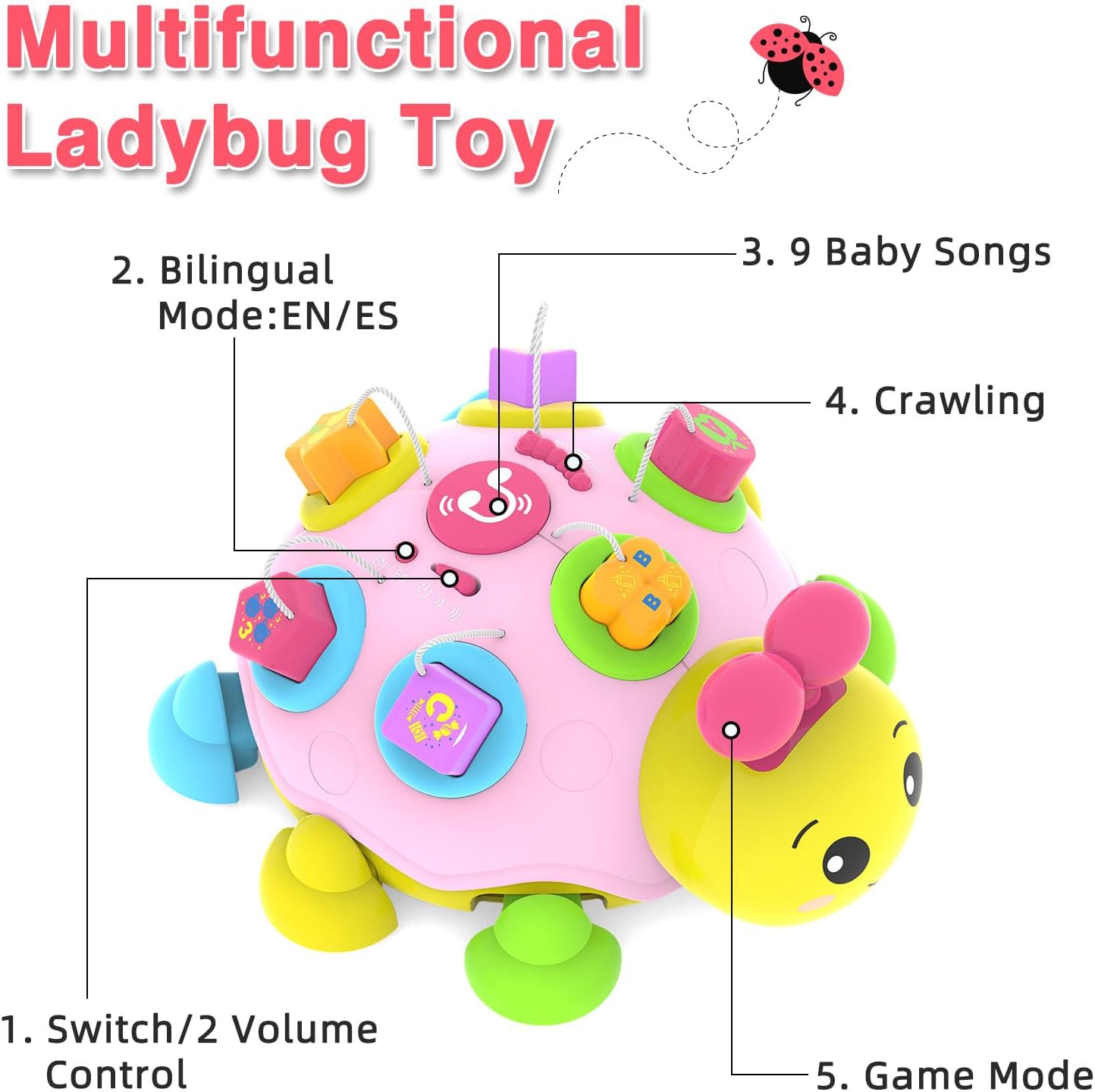Baby Crawling Toys 6-12 Months,Musical Ladybug Crawling Toy for Infants 0-3-6 7 8 9 10 12-18 Months,Early Education Light Up Music Walking Toys,Shape Matching,Tummy Time Toys for Boy Girl Gift.(Pink)