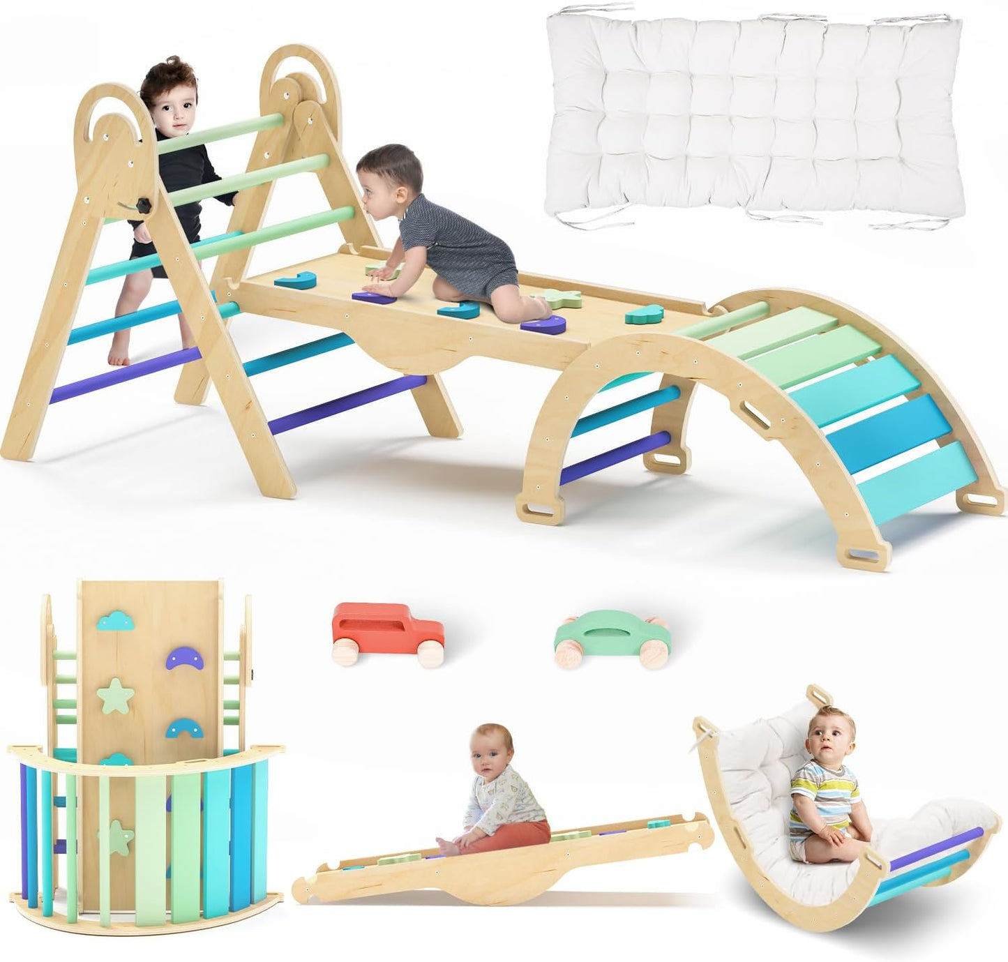 Pikler Triangle Set with Cushion, Montessori Climbing Set, Indoor Climb Toys, Indoor Playground Jungle Gyms, 9 Combinations Climbing Toy Set for Toddler, Baby, Kids 1-4