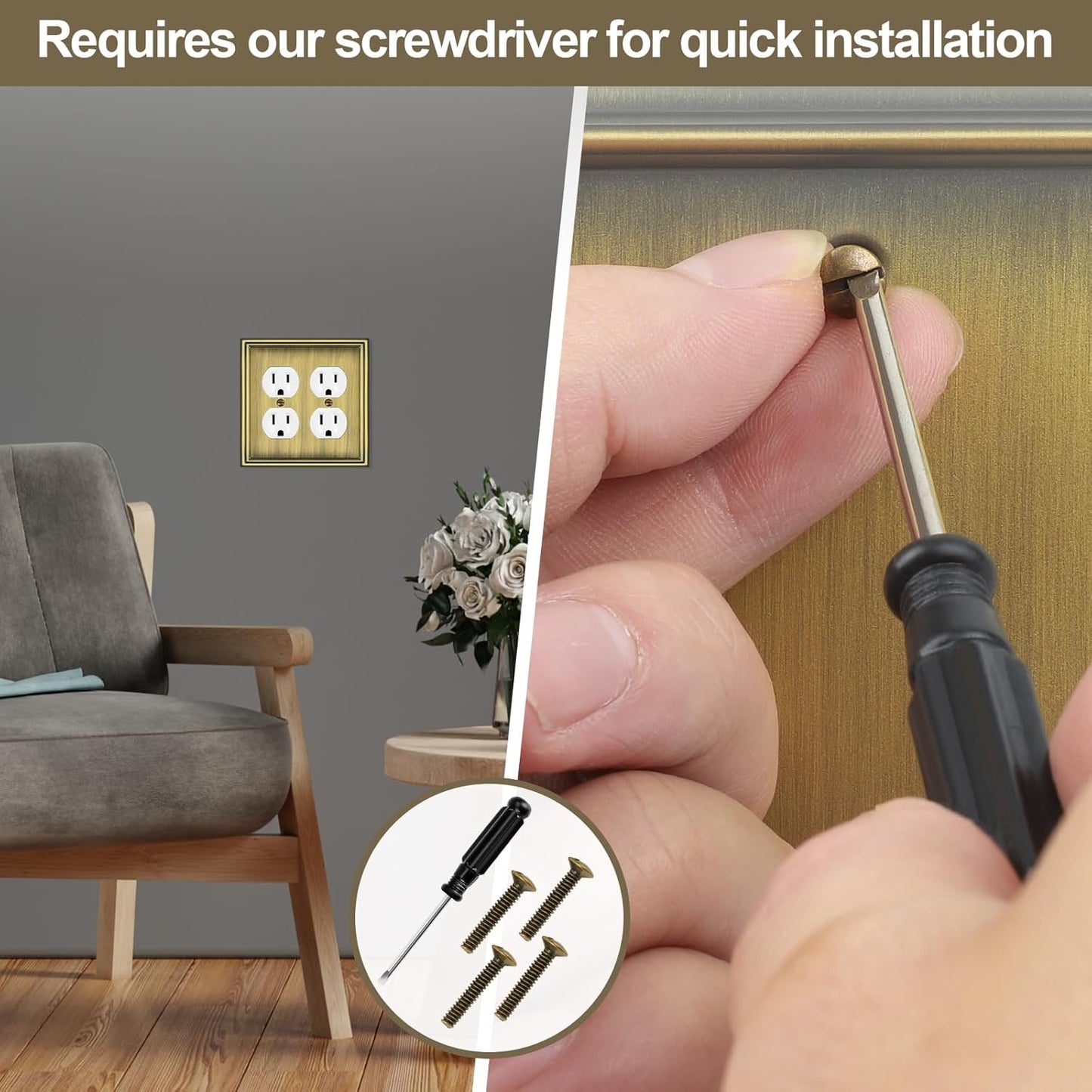 Metal Double Outlet Covers Wall Plate, Antique Brass Decorative Light Switch Plate 2 Gang Duplex Outlet Covers - Classic Style, 3 Pack