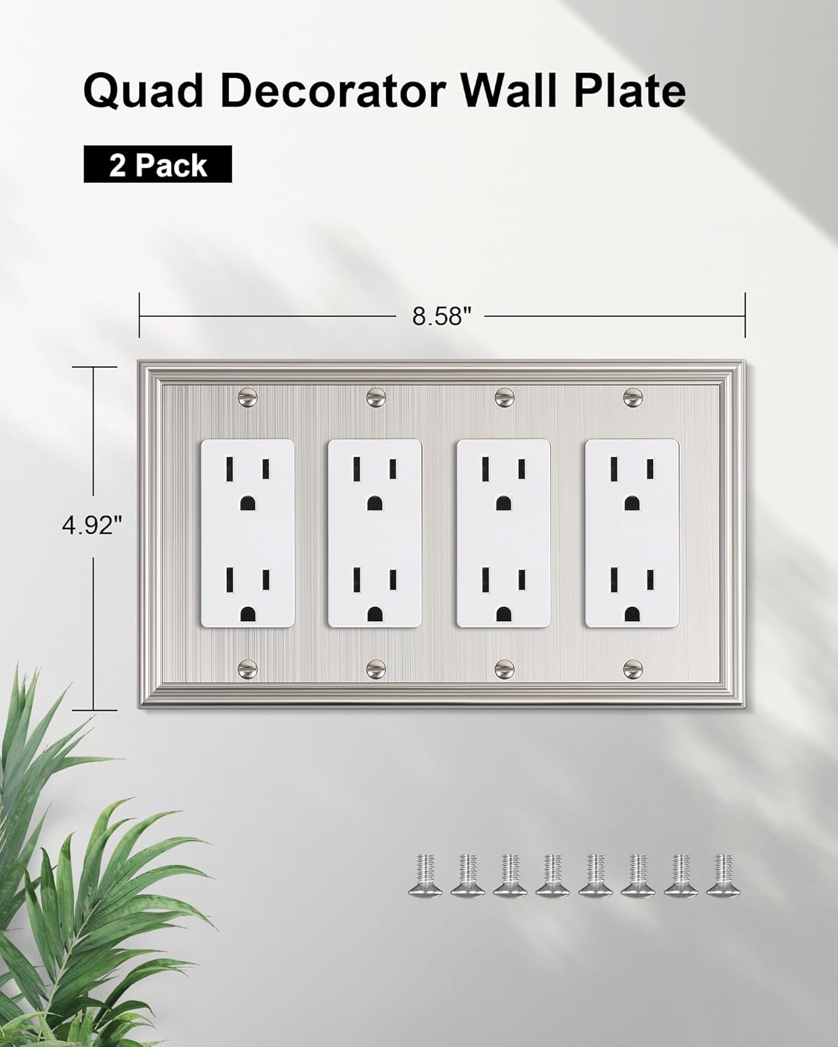 2-Pack Quad Decorator Outlet Cover Plate, Zinc Alloy Brushed Nickel Switch Plates and Outlet Covers, 4 Gang Wall Plates for Electrical Outlets, Receptacle, GFCI Outlet, Dimmer Switch