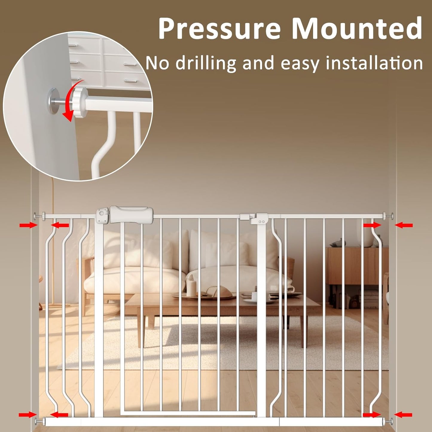 ALLAIBB Extra Wide Baby Gate Pressure Mount with Auto-Close, White Metal Safety Gate for Stairs & Doorways - Child Proof, Pet Barrier for Hallways, Kitchen, Living Room for 57.48-62.02 inch