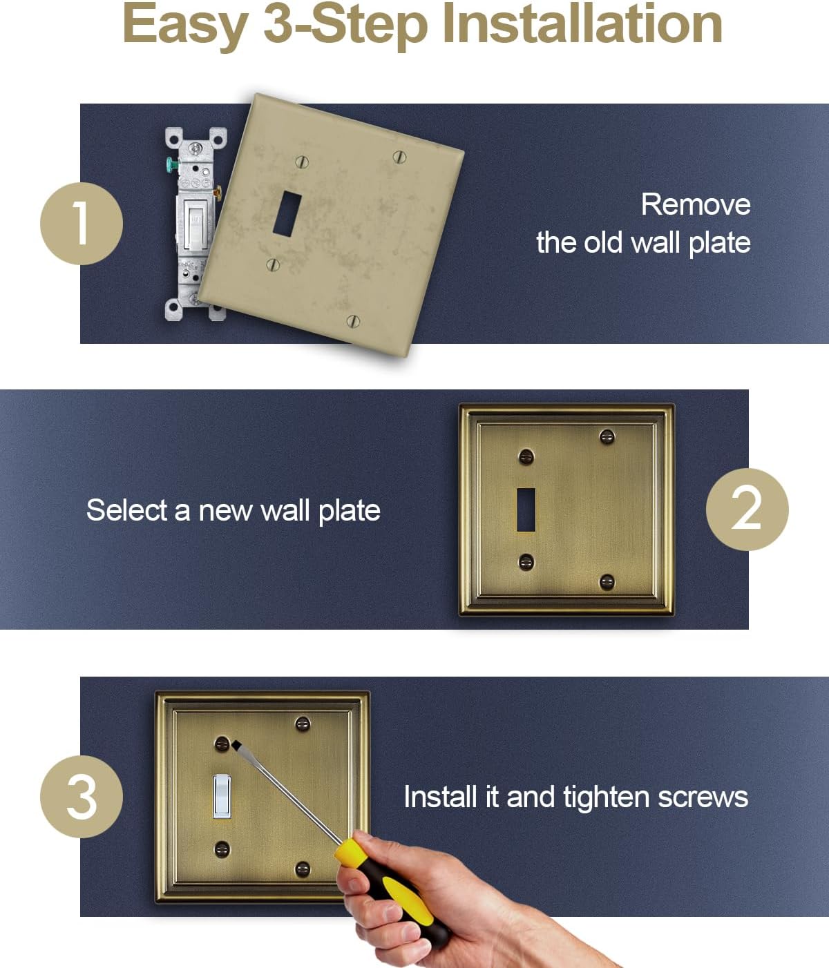 Antique Brass Combination 1 Toggle and 1 Blank Wall Plates, 1-Pack Metal Switch Plates No Device Blank Outlet Covers, 2-Gang, 4.96''*4.88'', Midsize