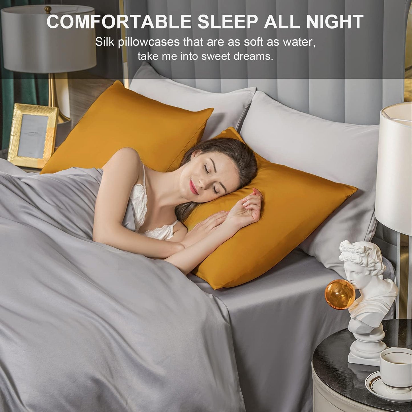 Mulberry Silk Pillowcase for Hair and Skin,King Size Cooling Silk Pillow Case with Hidden Zipper,Allergen Proof Dual Sides Soft Breathable Smooth Silk Pillow Cover for Women(King,Golden)