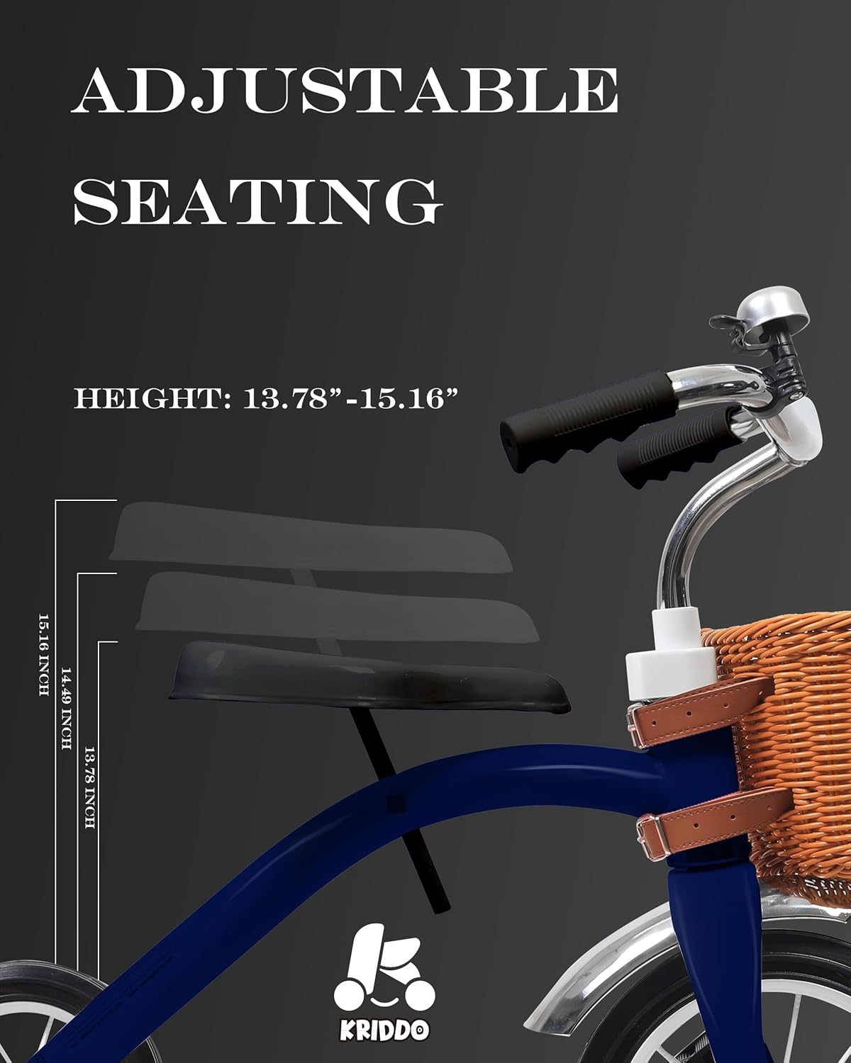 KRIDDO Classic All Metal Toddler Trike, Gift for Boys and Girls Ages 2 to 4 Year Old, Tricycle for 1 to 3 Year Olds, Sturdy Rear Deck, Deluxe Steer and Ergonomics Grip, Indoor and Outdoor, Blue