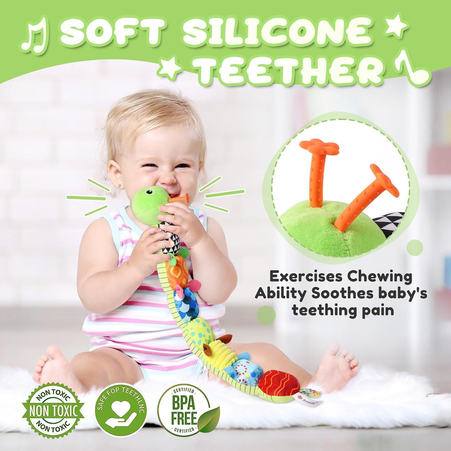 Baby Toys 0 to 12 Months, Musical Stuffed Animal Activity Soft Toys with Multi-Sensory Crinkle, Rattle and Textures, Infant Tummy Time Toys for Newborn Boys Girls, Caterpillar, Green